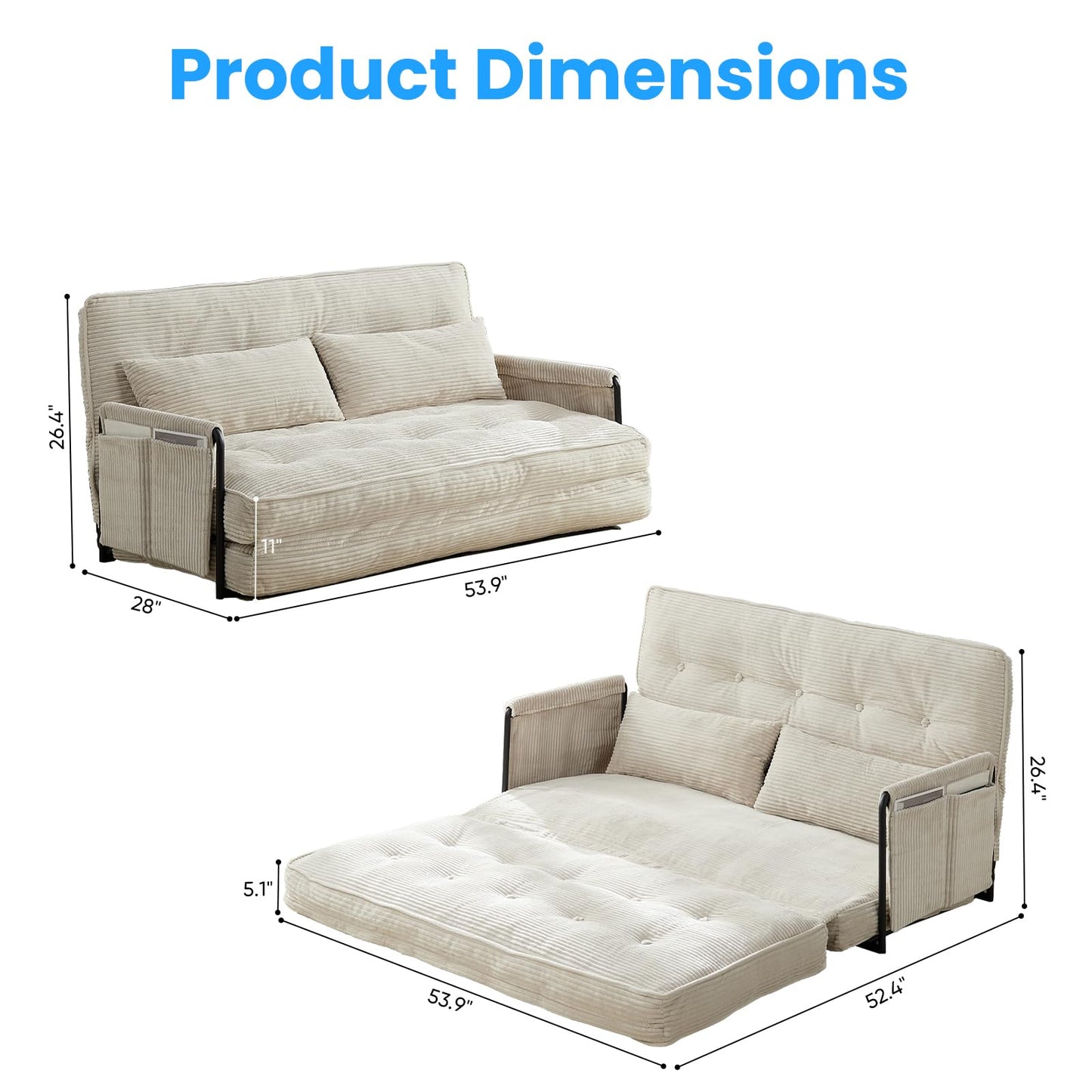 PUREMIND Adjustable Floor Sofa Couch with 2 Pillows, Convertible Pull Out Sofa Bed with Adjustable Backrest, Multi-Functional Lazy Armchair Sleeper Bed, Foldable Single Chairs for Living Room