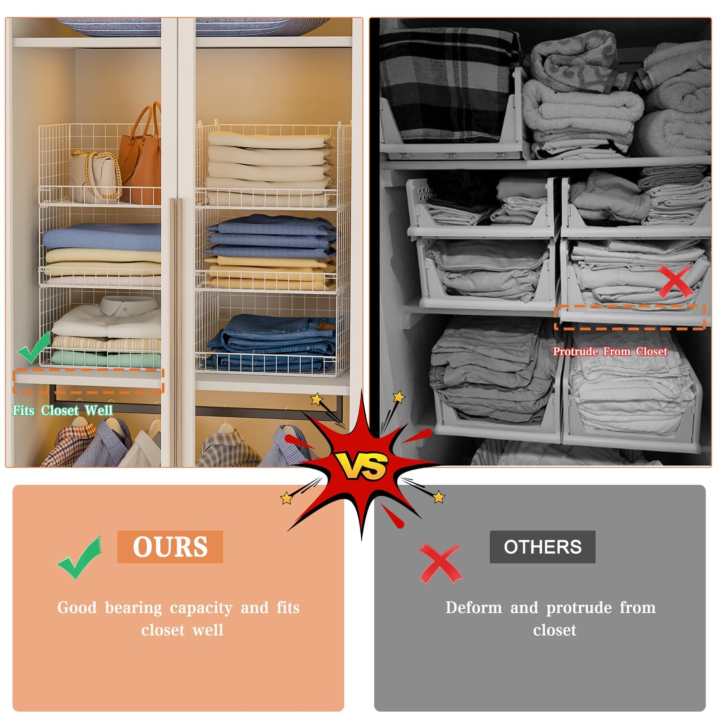 Yociyoga 6-Tier Stackable Closet Organizers and Storage Shelves, Closet Shelf Organizer Basket Bins, Foldable Sweater Storage for Closet Organizer System, White（Patent Pending）