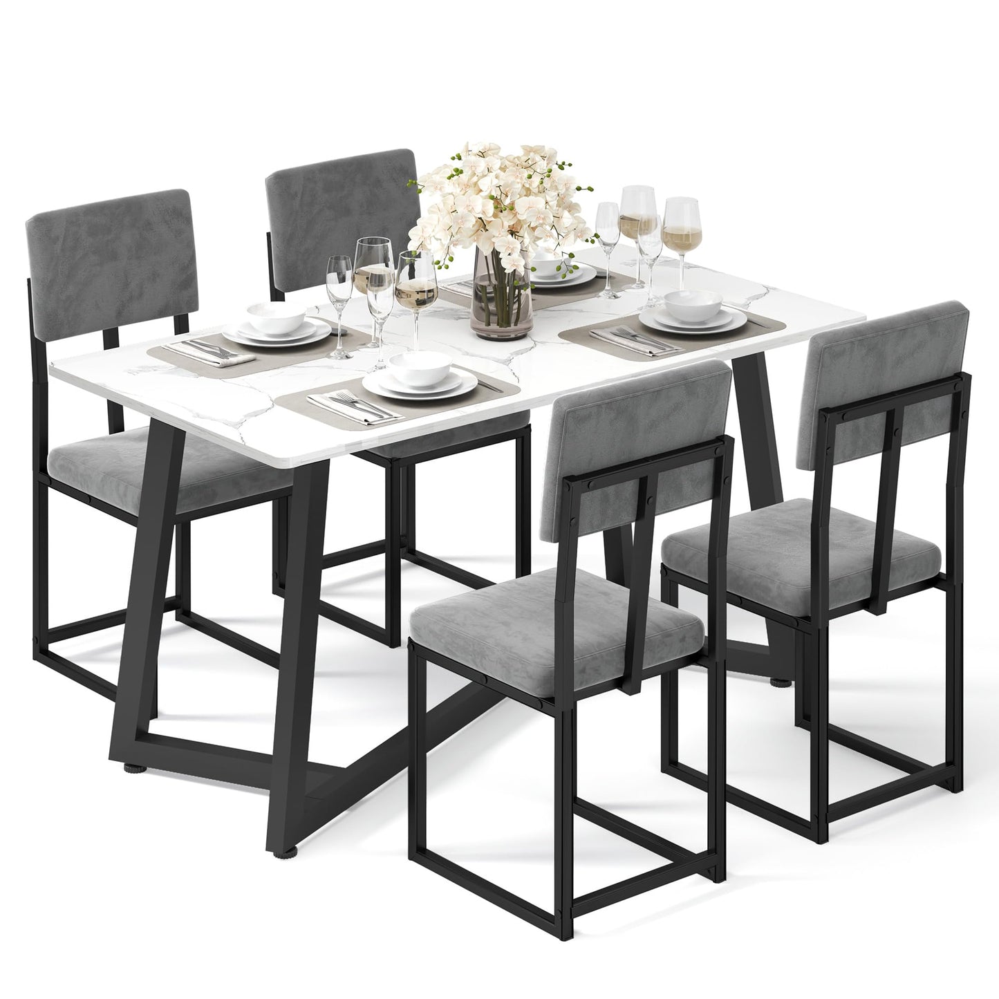 HUGROVE 5-Piece Dining Set, 47.24-Inch Faux Marble Dining Table Set for 4, Modern Minimalist Kitchen & Dining Room Set with Velvet Upholstered Chairs for Small Spaces, Apartments (Charcoal)
