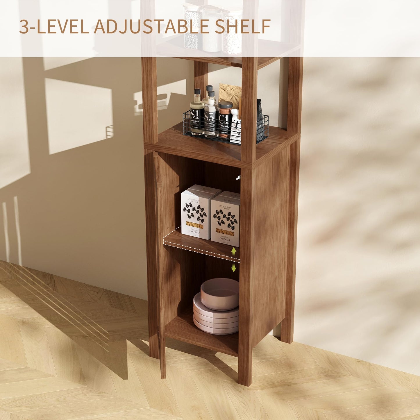BVIUNTWO 6-Tier Tall Storage Cabinet with Shelves, 67" Brown Farmhouse Bathroom Tower with Push Door and Adjustable Shelf for Living Room, Entryway