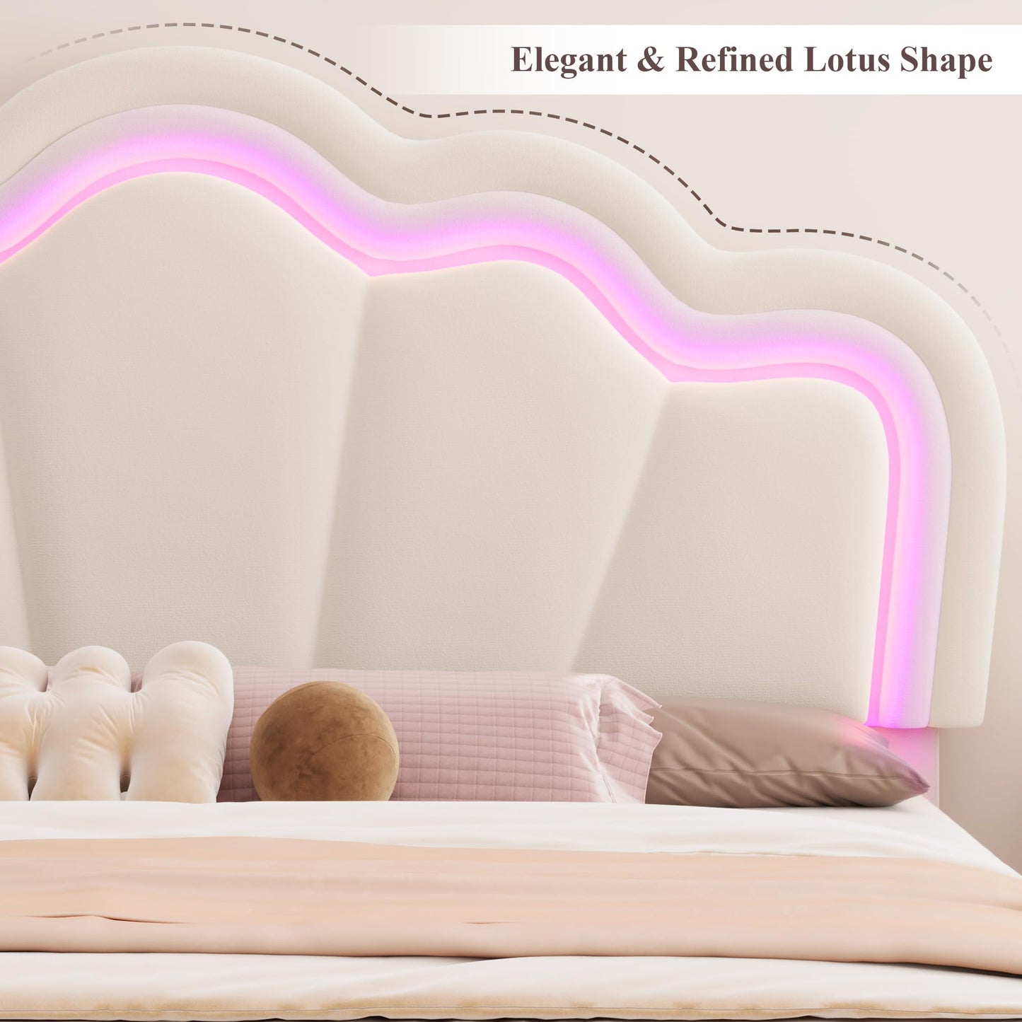 HOSTACK Queen Upholstered LED Bed Frame with Storage Drawers, Cute Girls Bed with Adjustable Lotus Headboard, Velvet Princess Platform Bed Frame, Wooden Slats Support, No Box Spring Needed, Cream