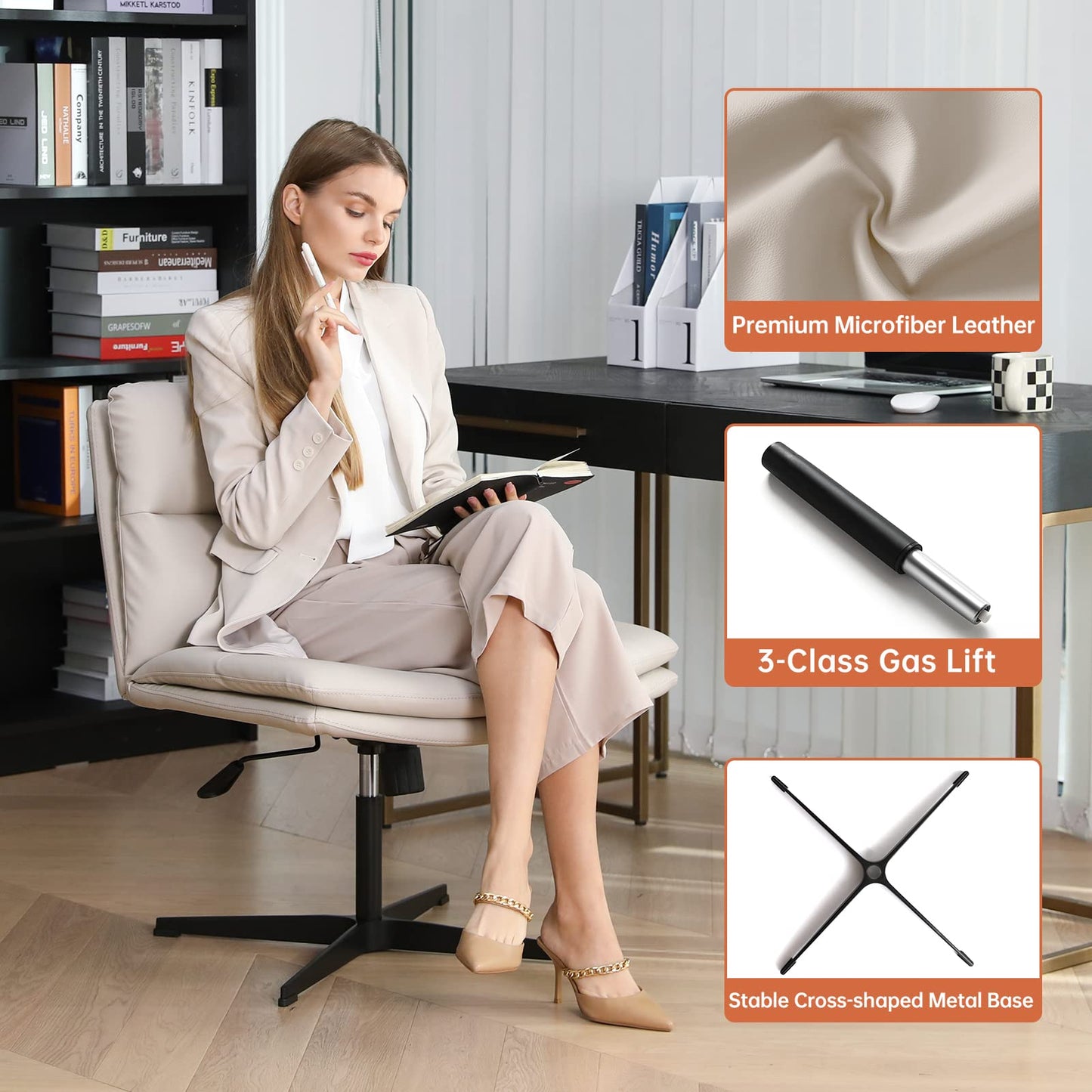 EMIAH Armless Office Desk Chair No Wheels PU-Padded Vanity Mid-Back Ergonomic Home Computer Comfortable Adjustable Swivel Task Chair with Thickened Cushion