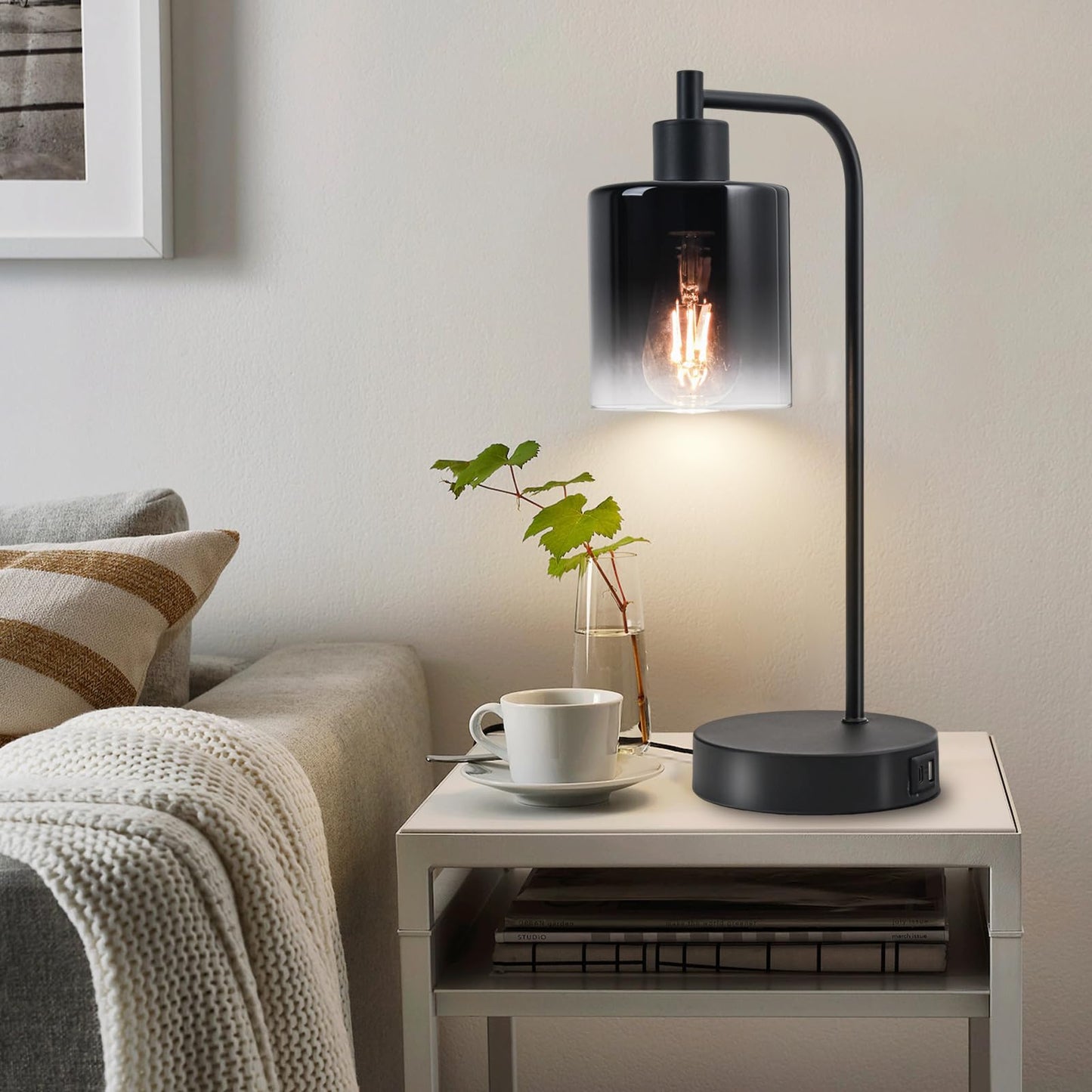 Modern Table Lamps for Bedroom Set of 2 with USB Ports, 3 Way Dimmable Touch Lamp for Night Stands, Industrial bedside lamp with charging station, Black Small Nightstand Lamp for Living Room End Table