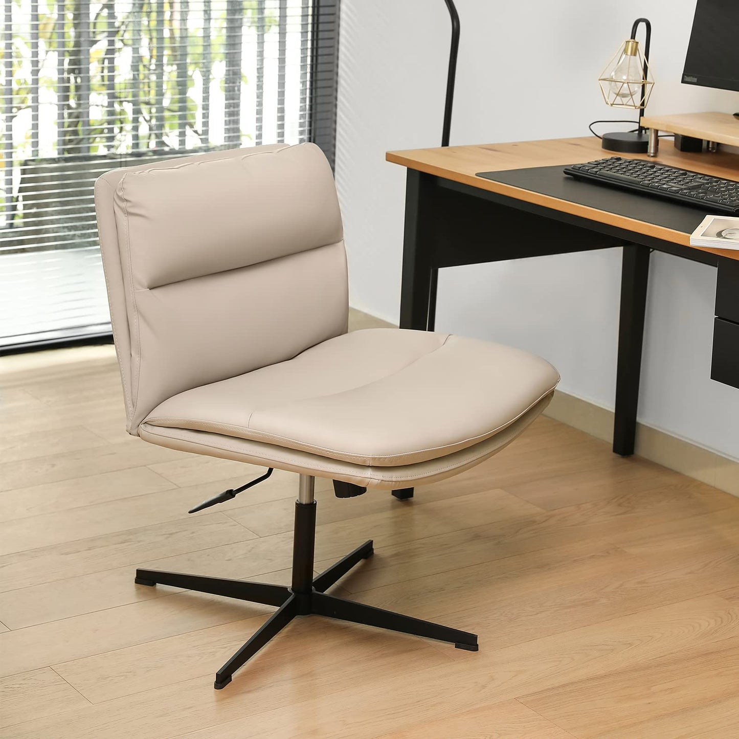 EMIAH Armless Office Desk Chair No Wheels PU-Padded Vanity Mid-Back Ergonomic Home Computer Comfortable Adjustable Swivel Task Chair with Thickened Cushion