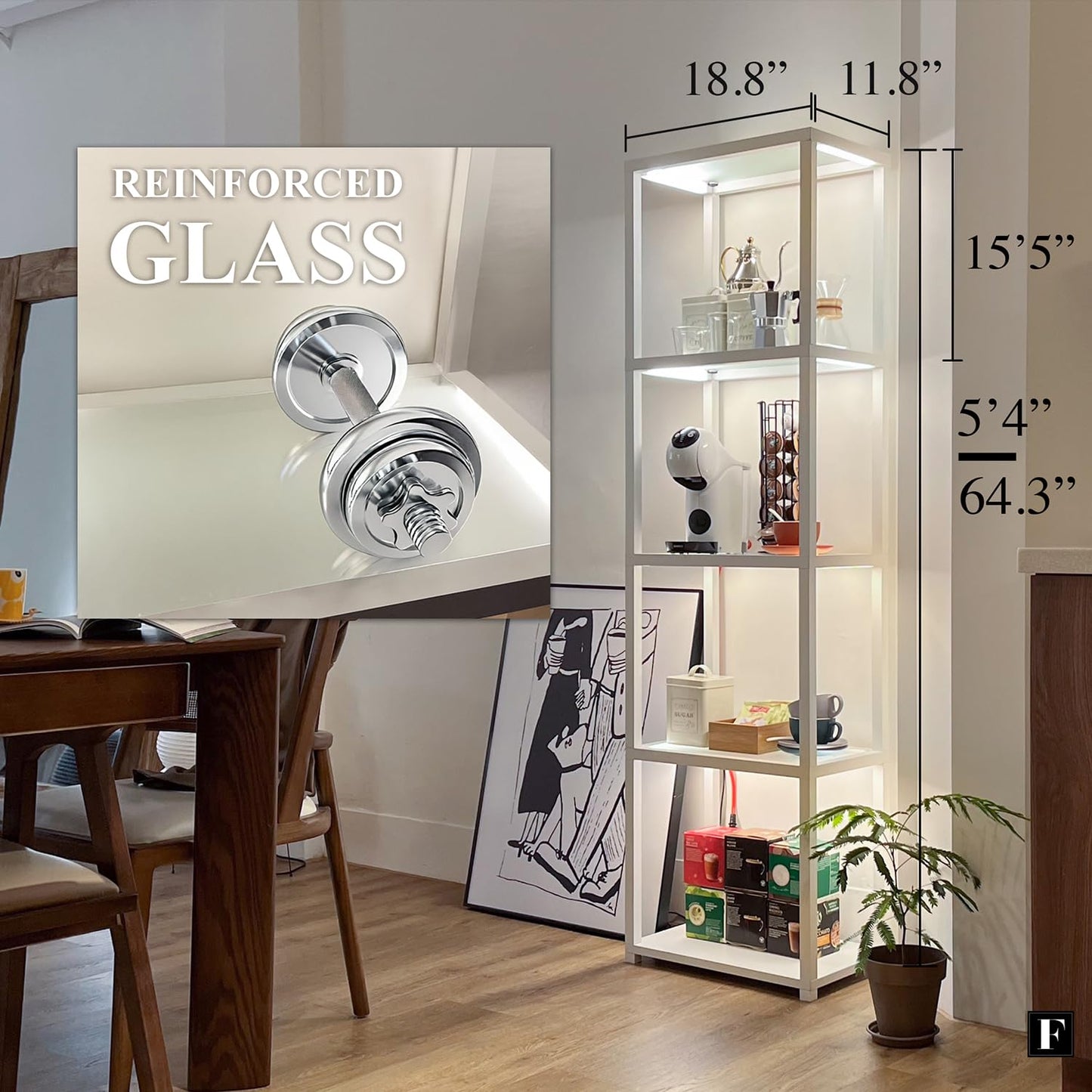 FENLO Glass Shelf Floor Lamp with Dimmable LED Lighting – 66” Curio-Style Display Shelf for Collectibles – App & Remote Controlled Modern Lighted Furniture Fantasy Plus Pro