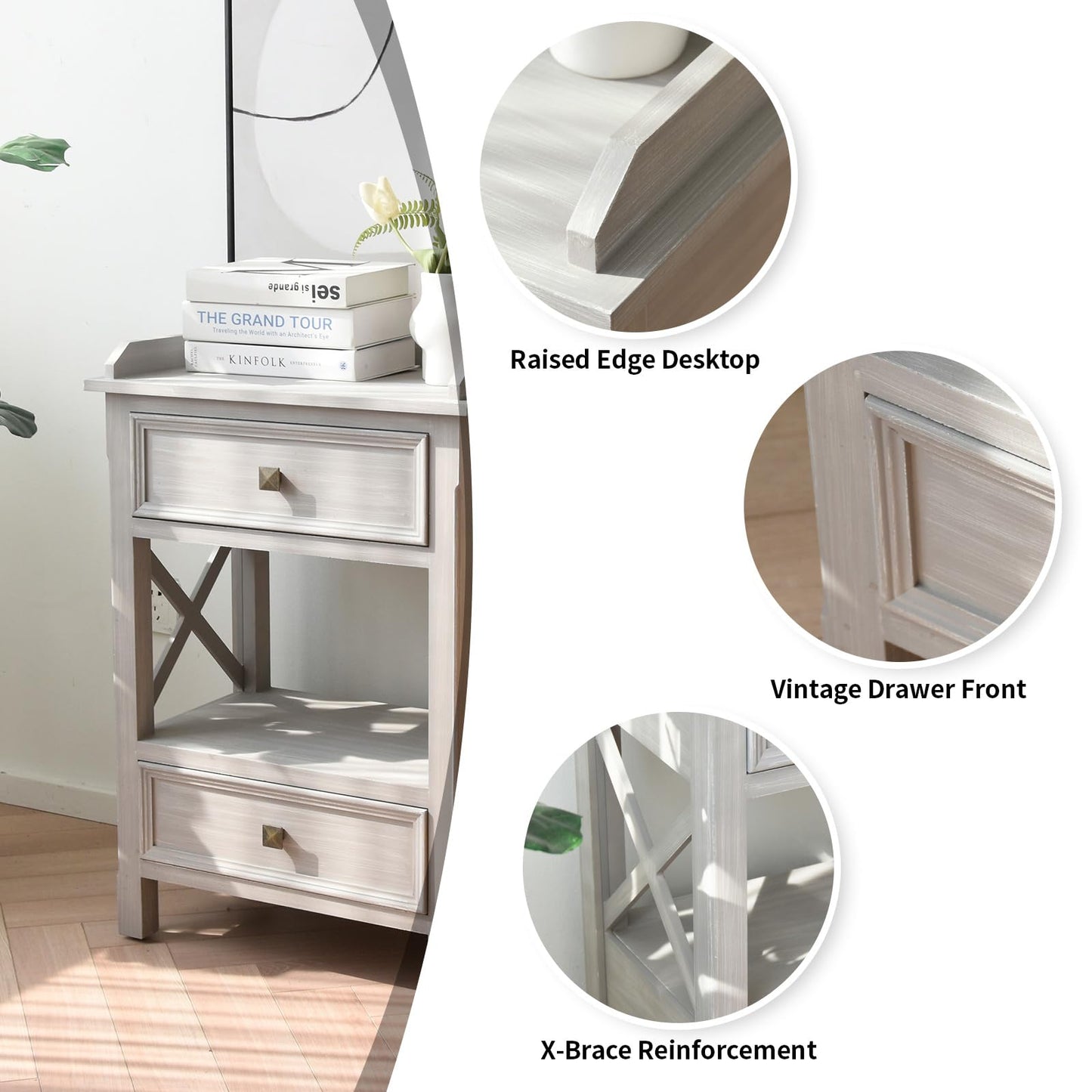 Light Gray Wooden Side Table. with 2 Drawers and an Open Shelf, USB Charging Ports Included. Ideal for Living Rooms by Sofas Or Bedrooms Near Beds for Storage and Convenience (Gray)