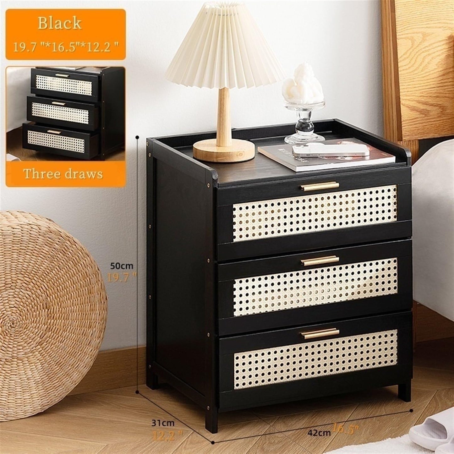 Boho Nightstand, End Table for Bedroom,Rattan Nightstand End Table,3Drawers Storage Ideal for Living Room and Small Space (Brown), for Home(Black)