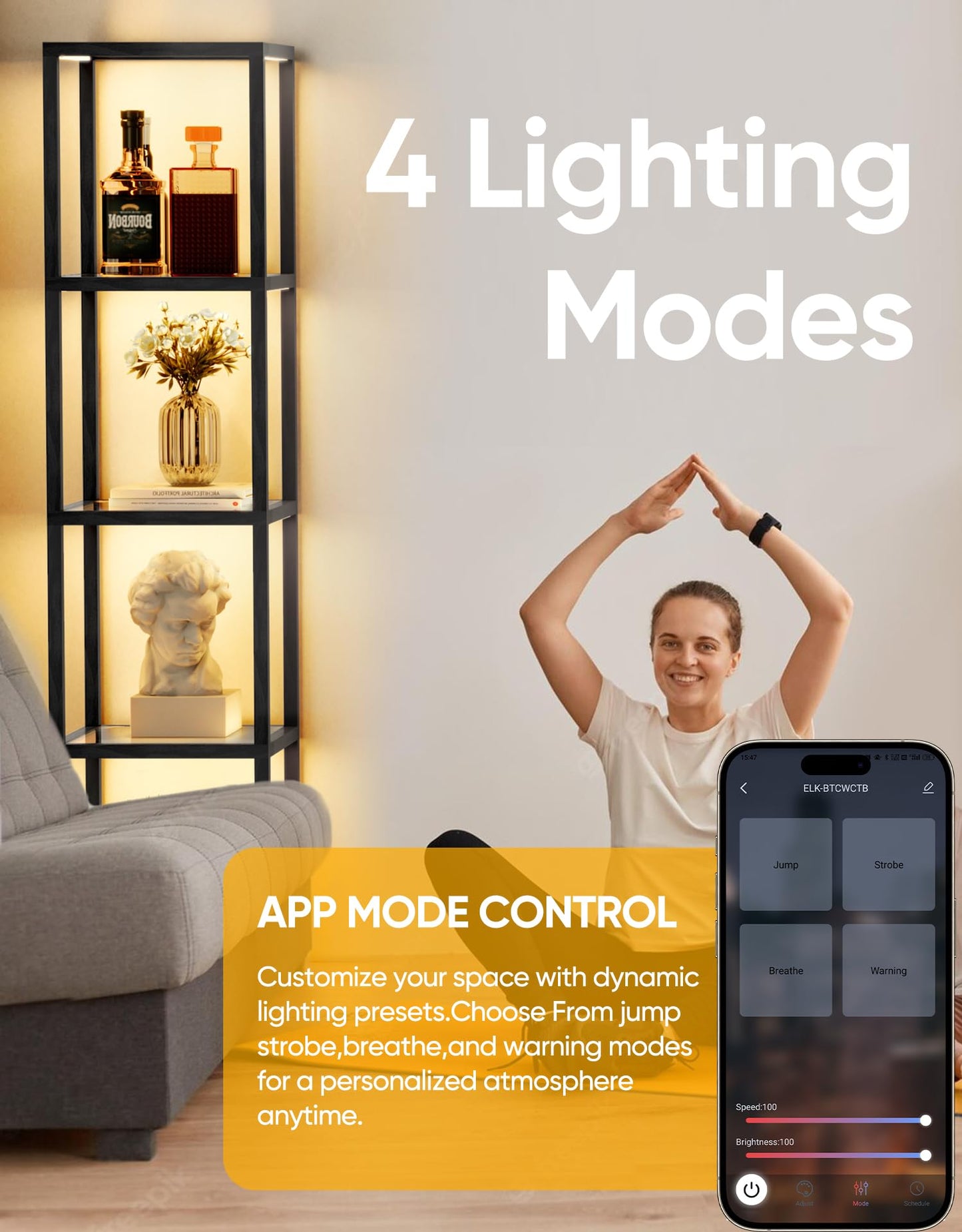 PARTPHONER Large Glass Display Shelf with Remote/APP Control, Dimmable LED Floor Lamp with Shelves, Open Display Cabinet, Color Temperature Control (2700K-6000K), Black