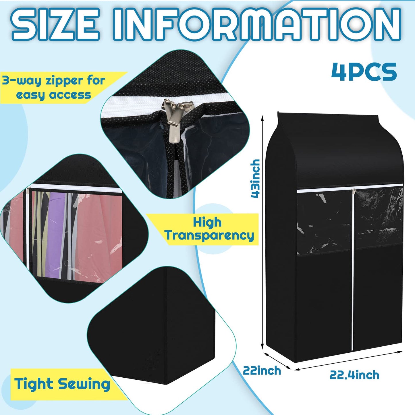 Amylove 4 Pcs 43'' Garment Bags for Hanging with Zippers Hanging Clothes Storage Garment Rack Cover Sealed Dust Cover Wardrobe Clothing Organizer for Suit Coat