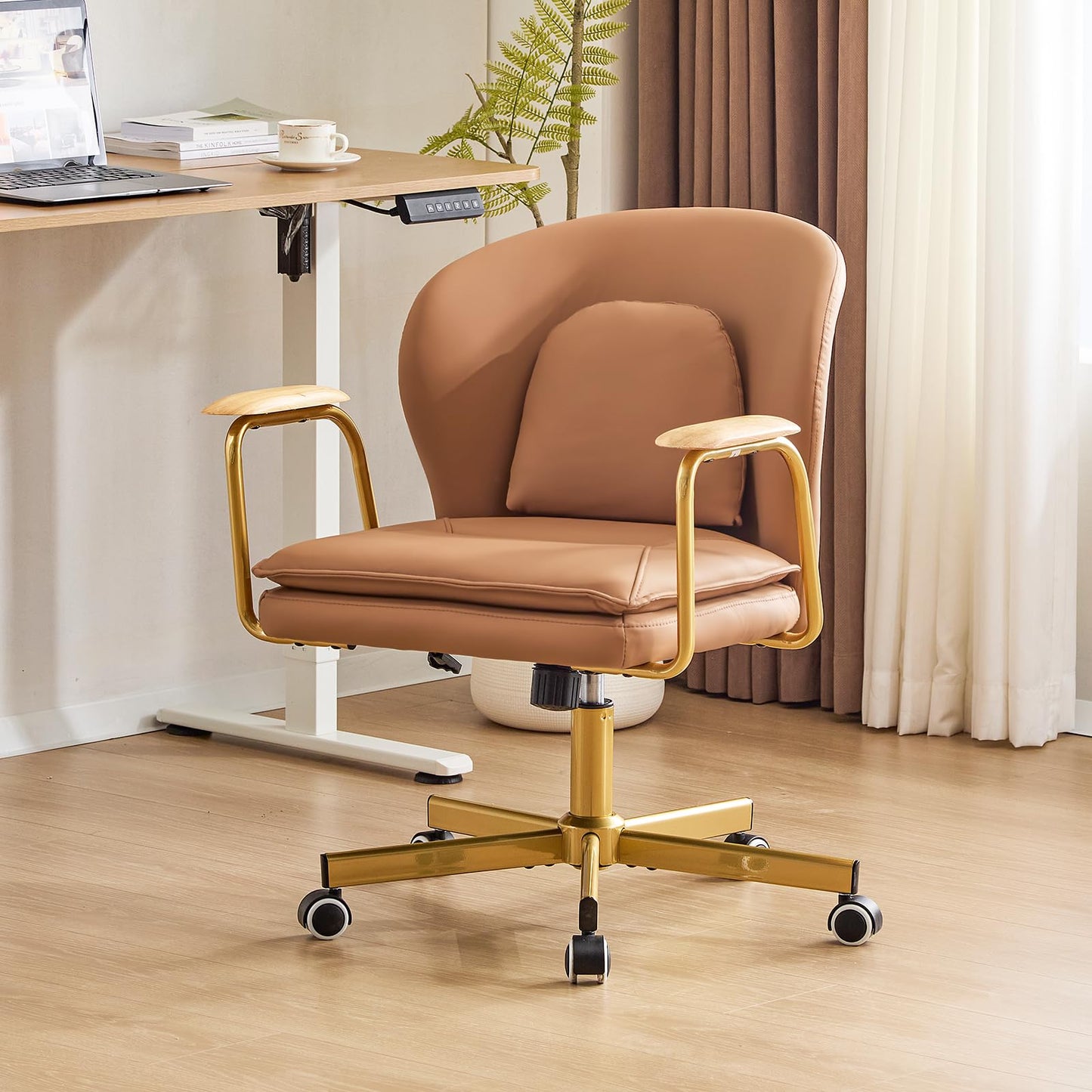 Furniliving Leather Home Office Desk Chairs，Comfy Office Chair, Adjustable Swivel Vanity Chair with Golden Legs and Wooden Padded Armrest, Modern Upholstered Task Chair with Wheels,Brown