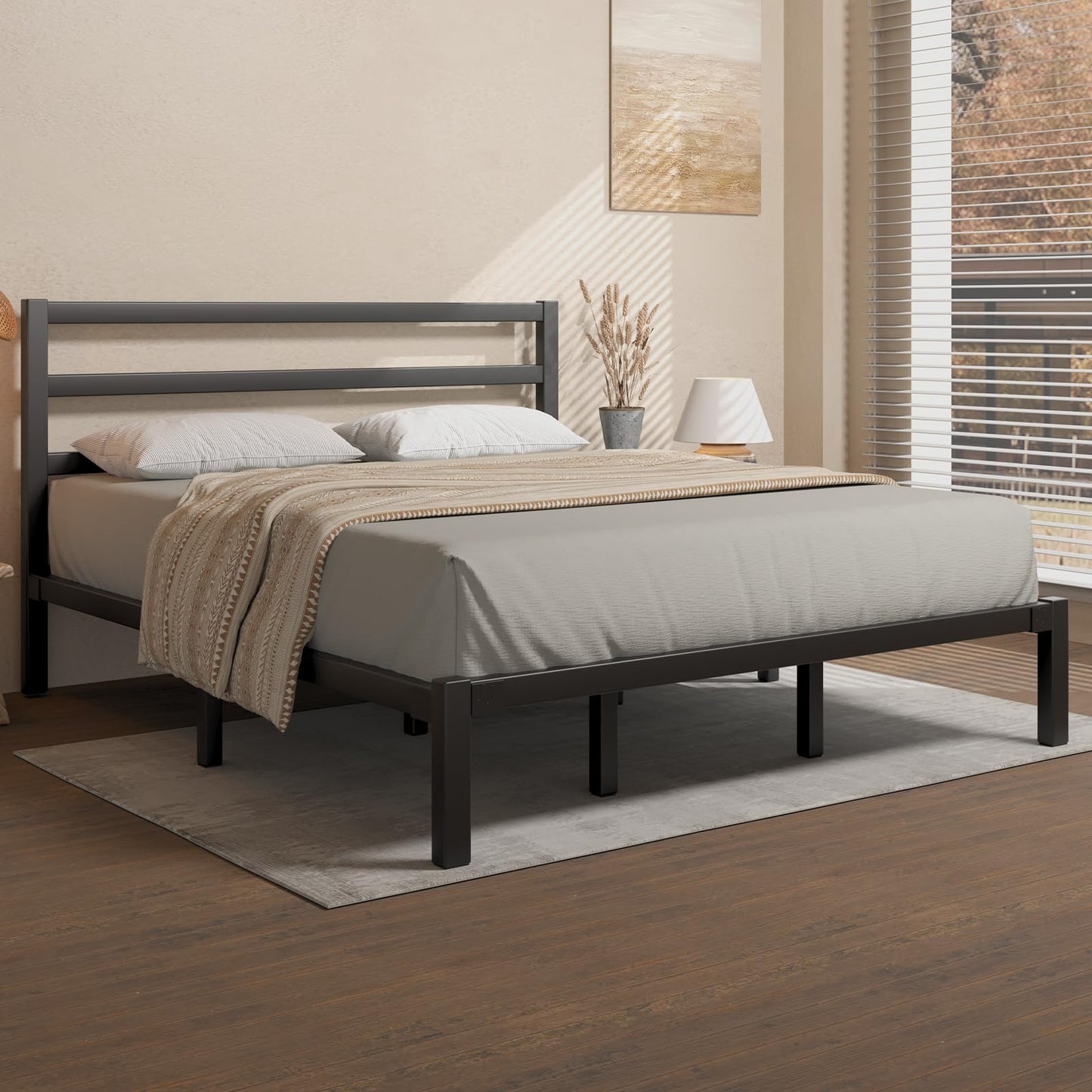E-Motie King Size Bed Frame, Metal Platform Bed Frame with Headboard, Mattress Foundation with Spacious Underbed Storage, No Box Spring Needed, Easy Assembly, Modern, Black