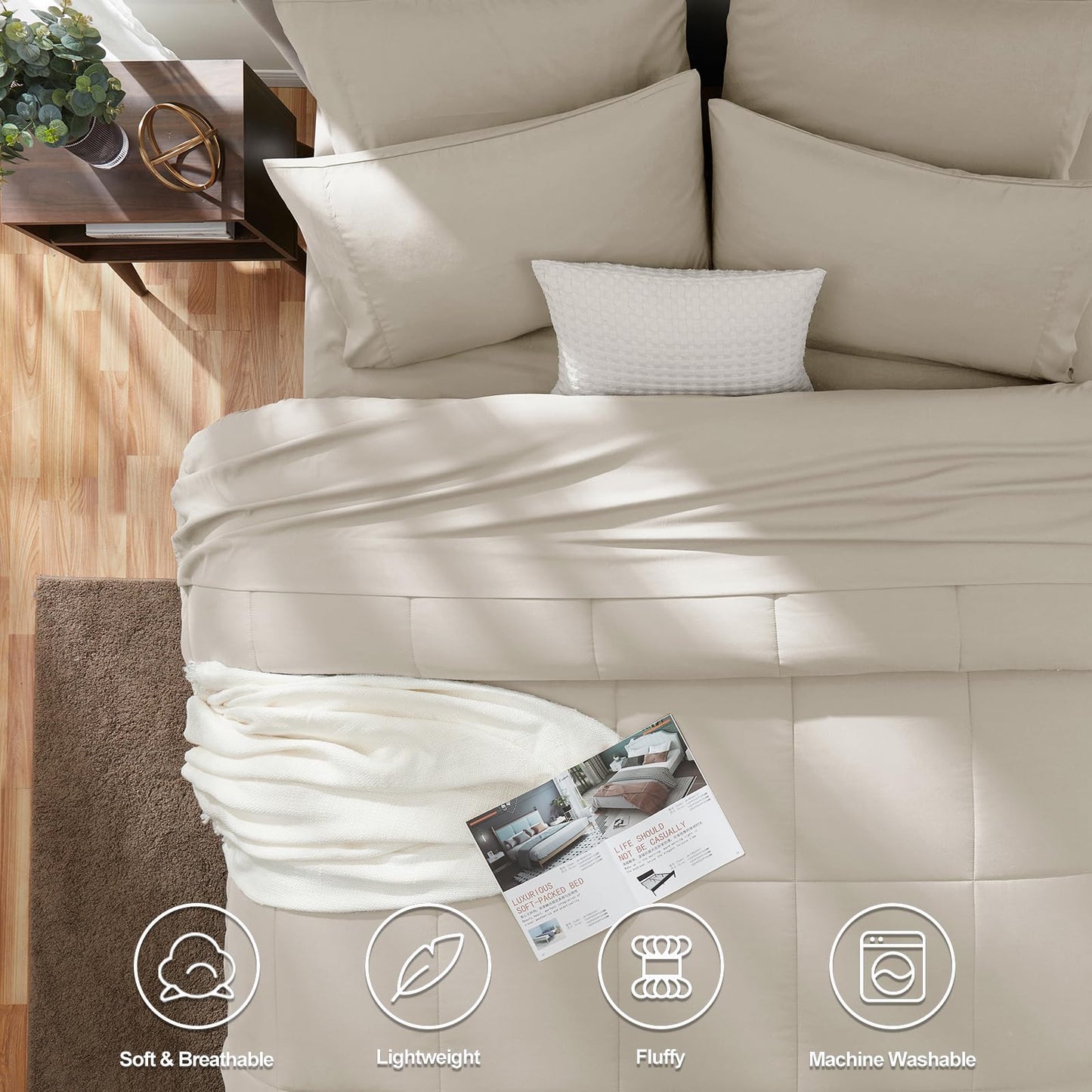 CozyLux Queen Comforter Set Beige, 7 Pieces Bed in a Bag, Beige Comforter Queen Size, All Season Bedding Sets with Stitch Quilted Comforter, Flat Sheet, Fitted Sheet, Pillowcases
