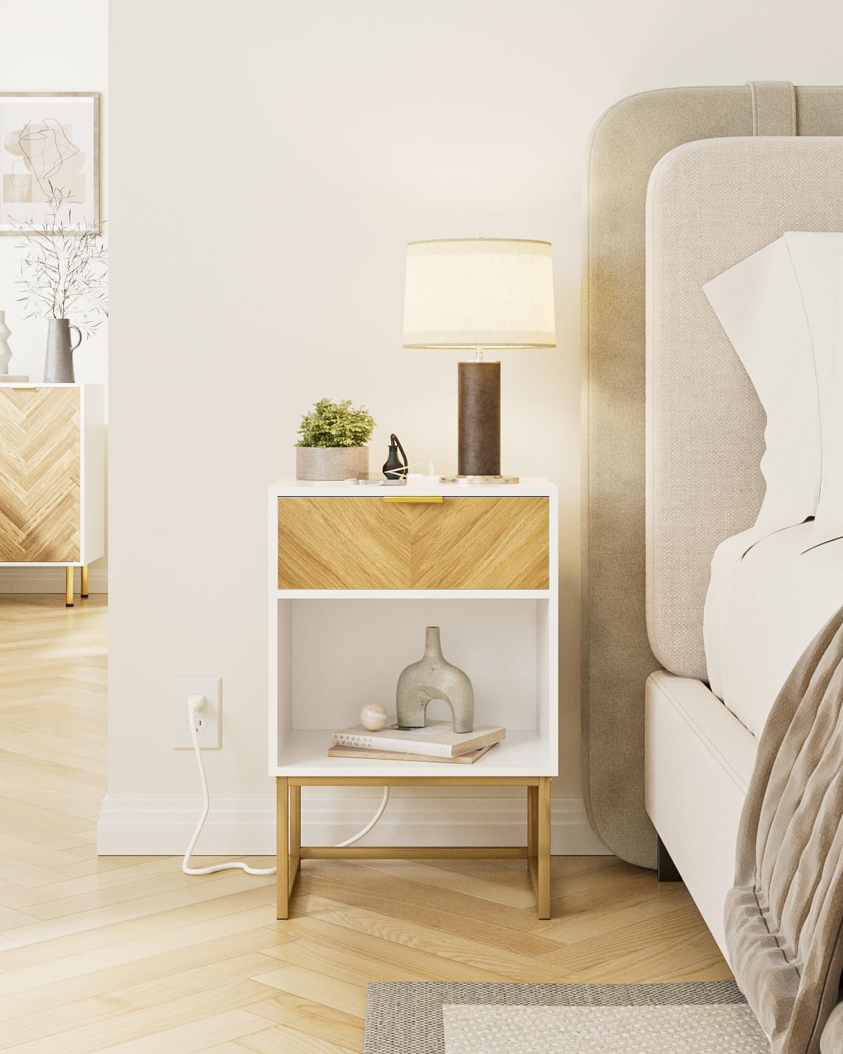 Acodaiuy Nightstand with Charging Station, Boho Night Stand with Drawer Wood Farmhouse Bedside Table with Storage, End Side Accent Table for Bedroom,Living Room,White