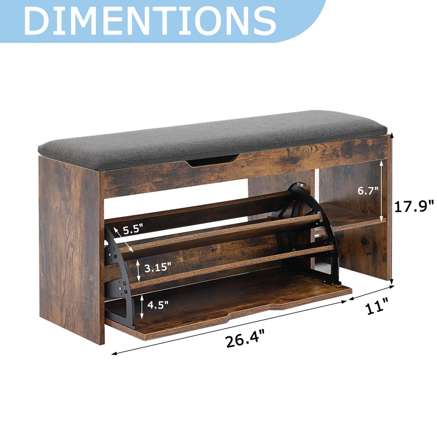 Shoe Storage Bench with Flip Drawers & Lift Top Storage Box, Entryway Bench with Seat Cushion, 3-Tier Short Shoe Cabinet with Adjustable Shelves for Entryway, Hallway, Living Room, Mudroom, Brown