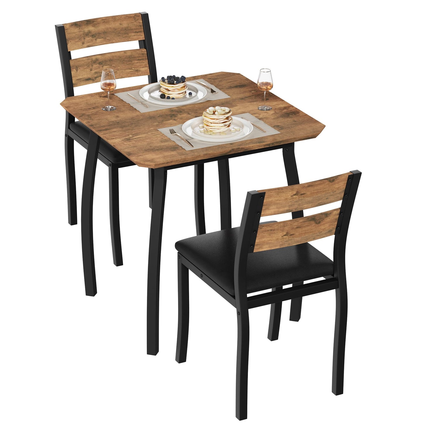 GarveeHome 3 Piece Dining Table Set for 2, Farmhouse Kitchen Table and Upholstered Chair, Metal Frame Square Dining Room Furniture for Small Space, Apartment, Studio, Black+Retro