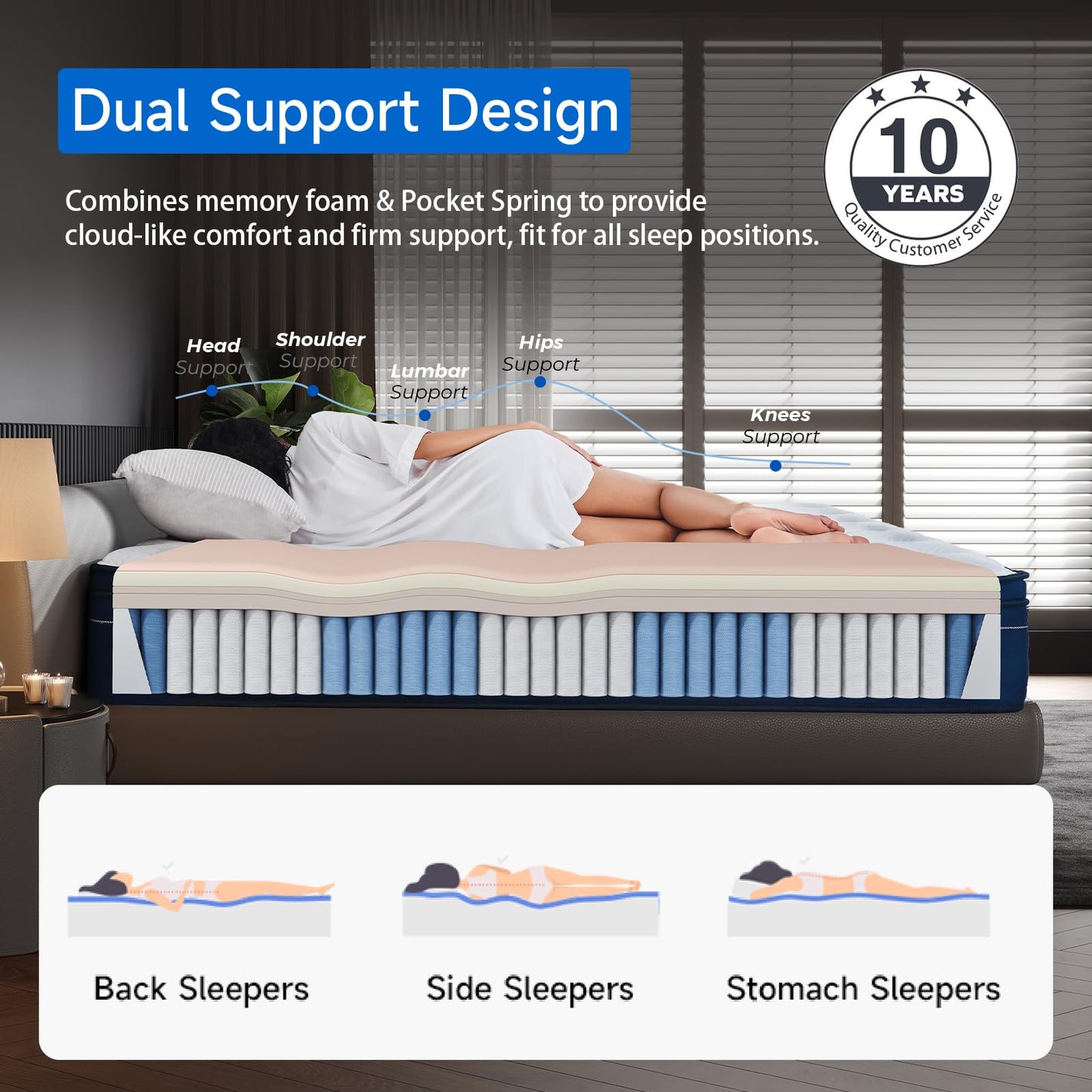 DINBooonLUX Queen Size Mattress,12 Inch Hybrid Queen Mattress in a Box with Memory Foam and Zoned Support Spring,Motion Isolation,Pressure Relief,100 Night Trial,Medium Firm,CertiPUR-US.