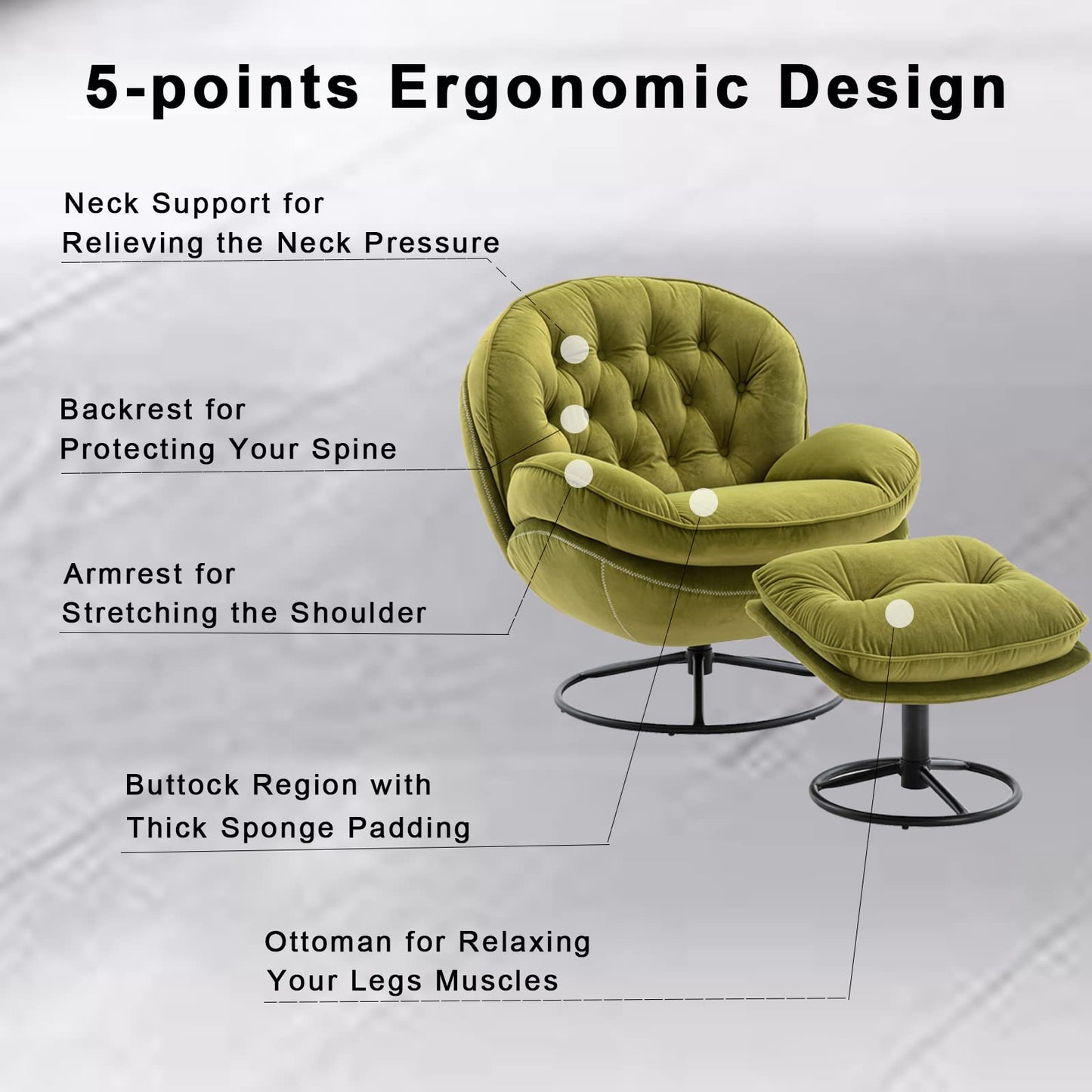 Baysitone Velvet Swivel Accent Chair with Ottoman Set, Modern Lounge Chair with Footrest, Comfy Armchair with 360 Degree Swiveling for Living Room, Bedroom, Reading Room, Home Office (Fruit Green)