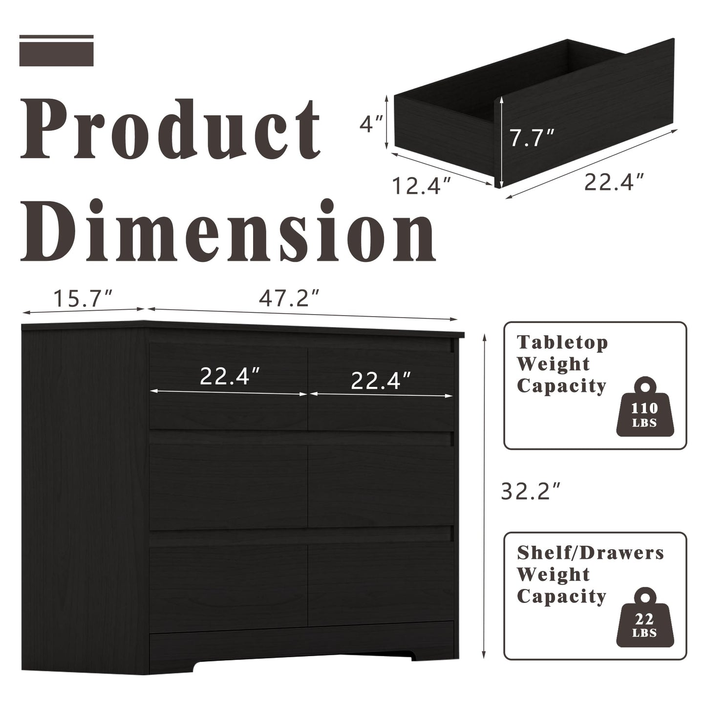 IBXFO Black 6 Drawer Dresser for Bedroom, Wide Modern Chest of Drawers No Handles, Wood Storage Cabinet for Living Room, Hallway, Entryway