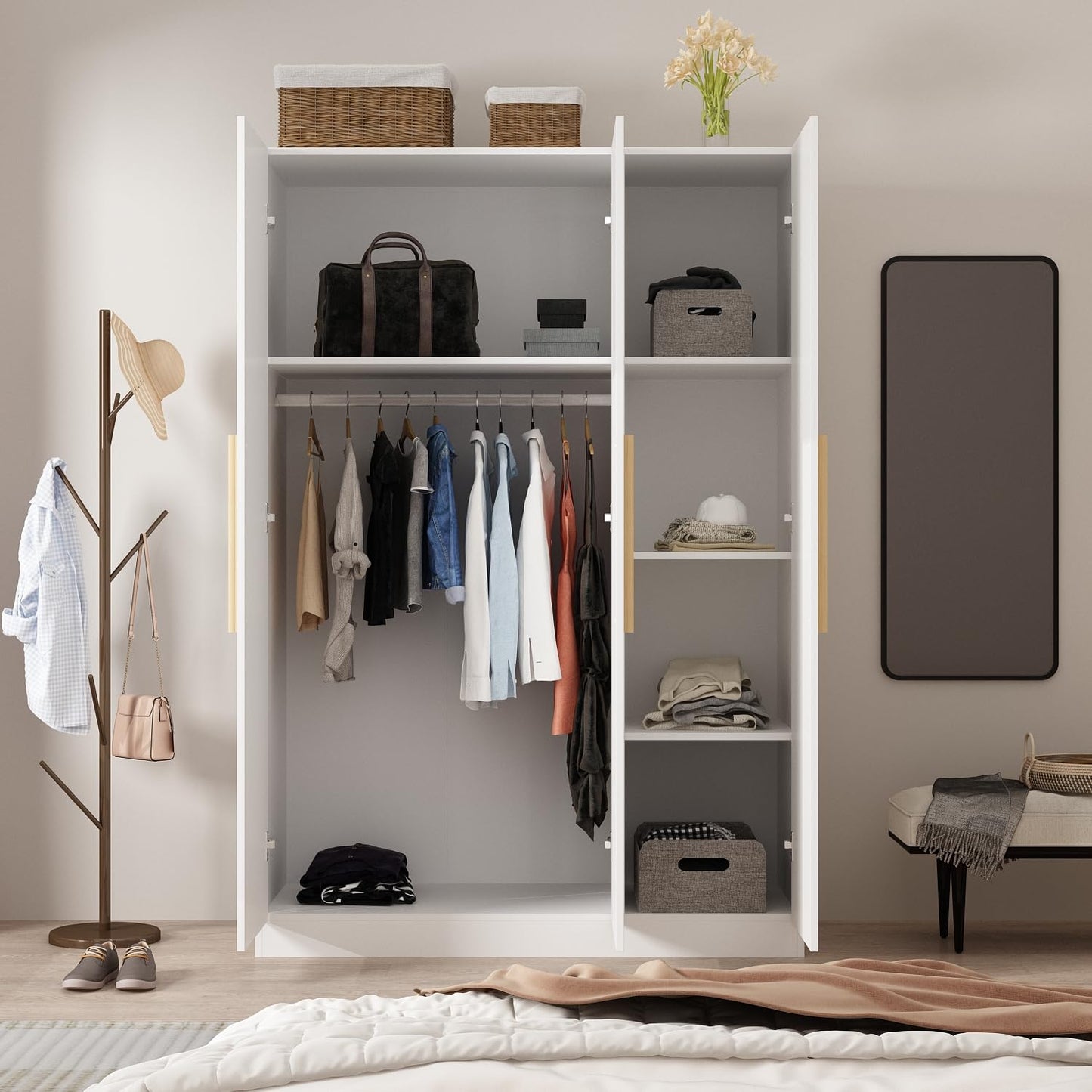 MOUMON Armoire Wardrobe with 3 Doors and Cube Shelves, Armoire Wardrobe Closet with Hanging Rod, Closet for Bedroom White 18.9“D x 47.2”W x 70”H