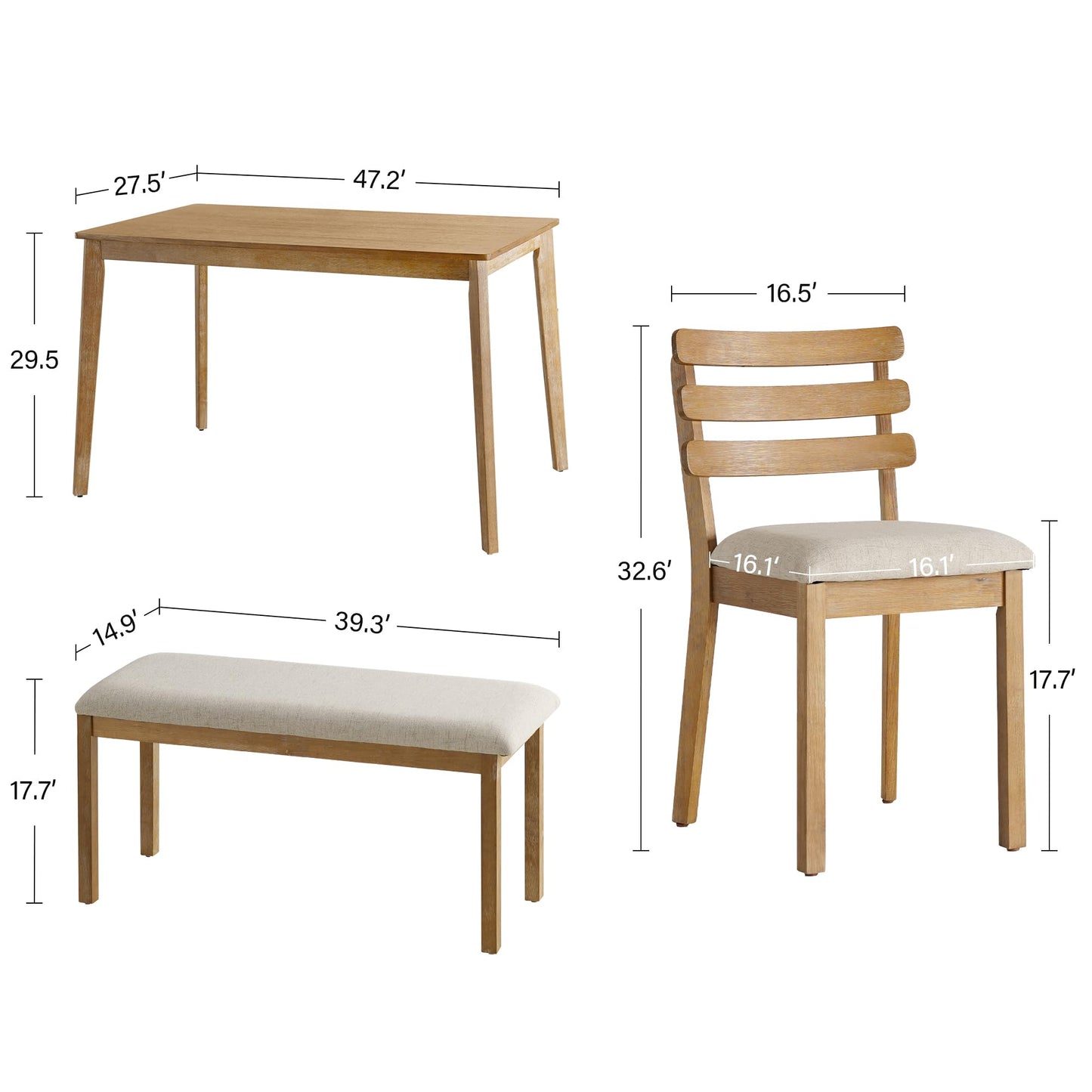 SIMTONAL 6-Piece Farmhouse Dining Set, Mid-Century Modern Wooden Table & Upholstered Chair Set for Home, Kitchen, Dining Room, 4 Chairs, Bench Seat, Solid Wood Legs