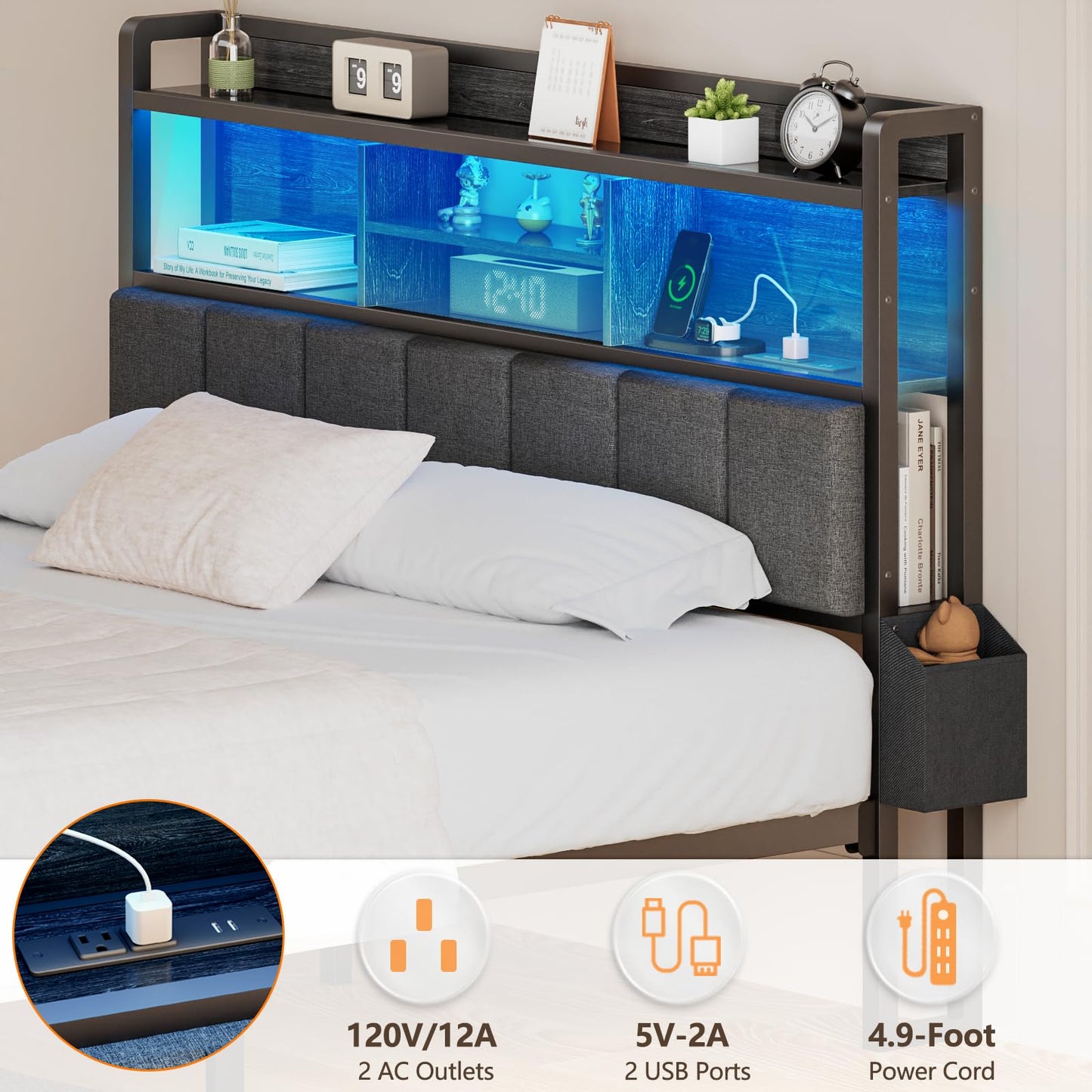 Furnulem Queen Bed Frame with Storage Drawers, Upholstered Headboard with Storage Shelf, LED Lights and Charging Station, Metal Platform Bed Frame Queen Size, Noise Free, No Box Spring Needed, Black