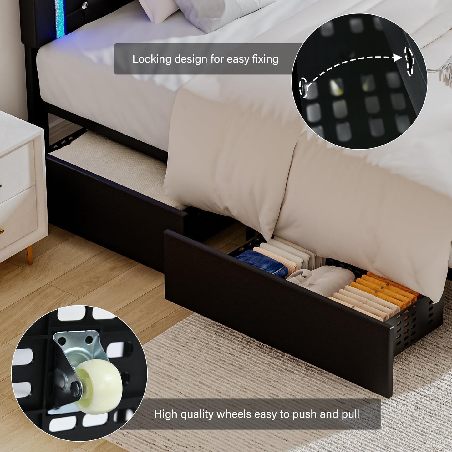 Queen Bed Frame with LED Lights, Upholstered Bed Frame with Storage Drawers, Modern Platform Bed with Diamond Headboard and Footboard, No Box Spring Needed, Black