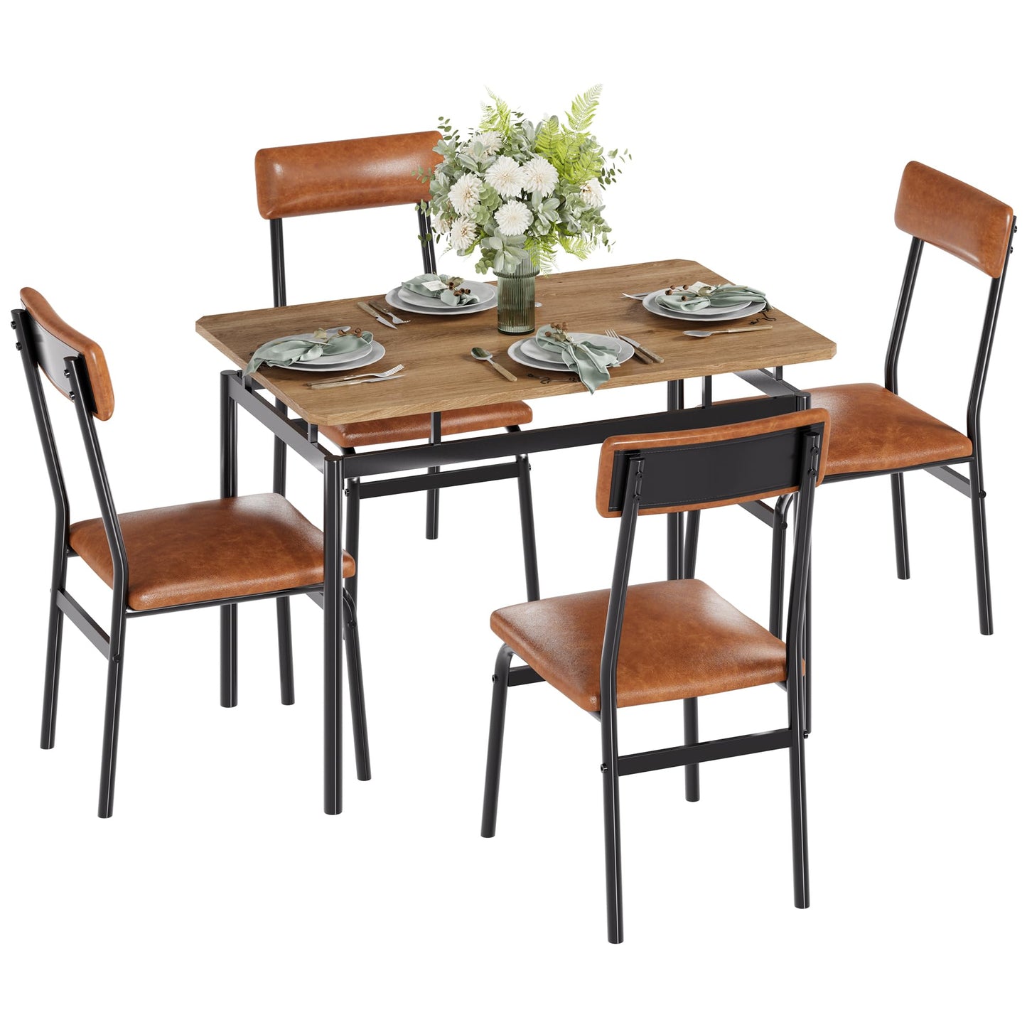 Garvee Dining Table Set for 4, 5 Piece Wooden Dining Room Table Set, 4 PU Upholstered Chair, Modern Metal Frame Dinette Set for Dining Room, Home Dinner, Party, Apartment, Brown