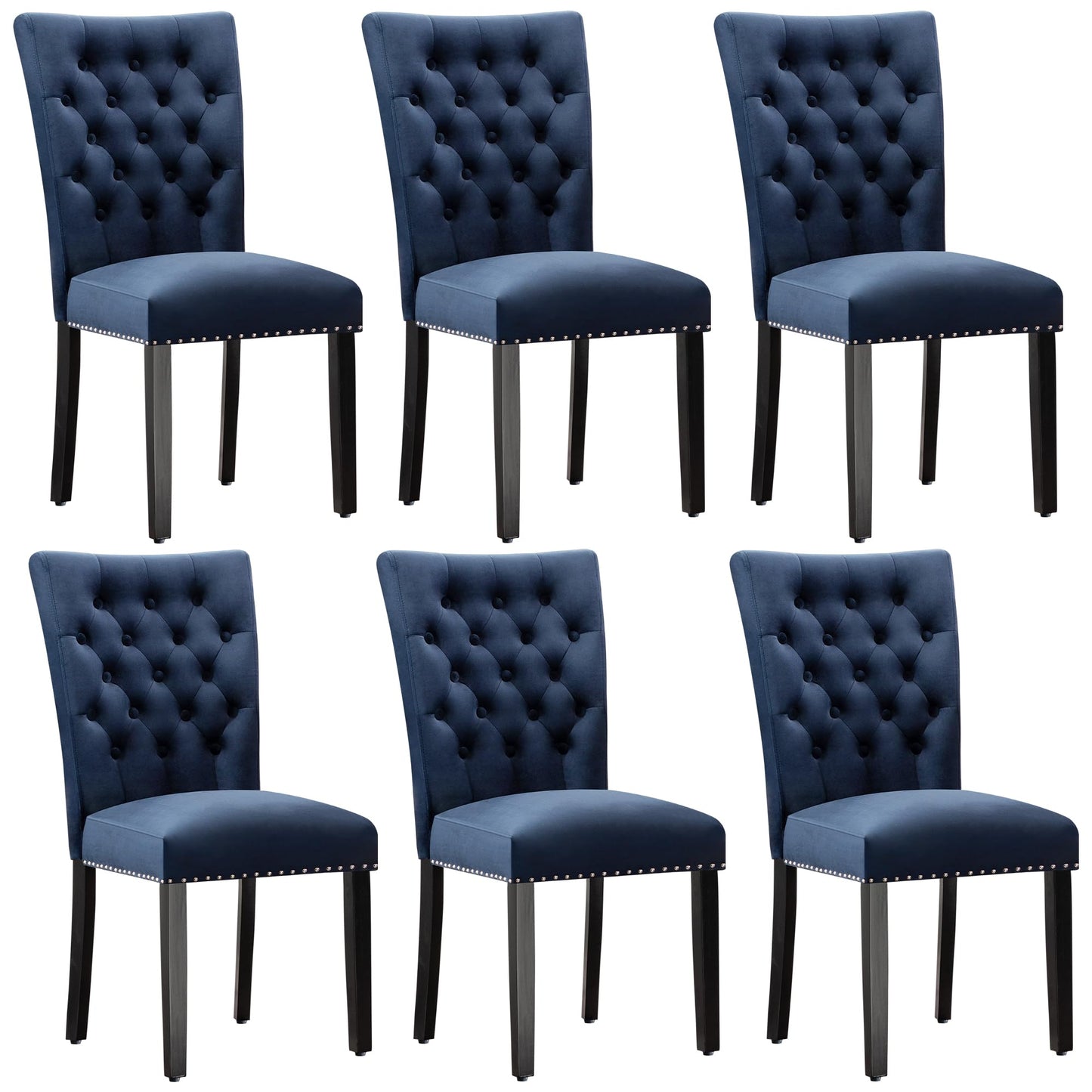 adochr Velvet Dining Kitchen Chair Set of 6, Parsons Upholstered Dining Room Chair, Wood Accent Chair with Nailed Trim, Blue
