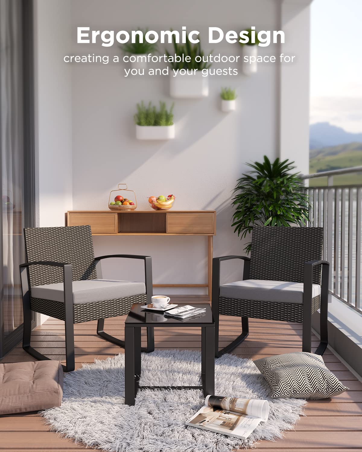 Qsun 3 Pieces Patio Furniture Set Rocking Bistro Set Outdoor Rattan Conversation with Coffee Table for Garden Balcony Backyard Poolside (Grey Cushion)