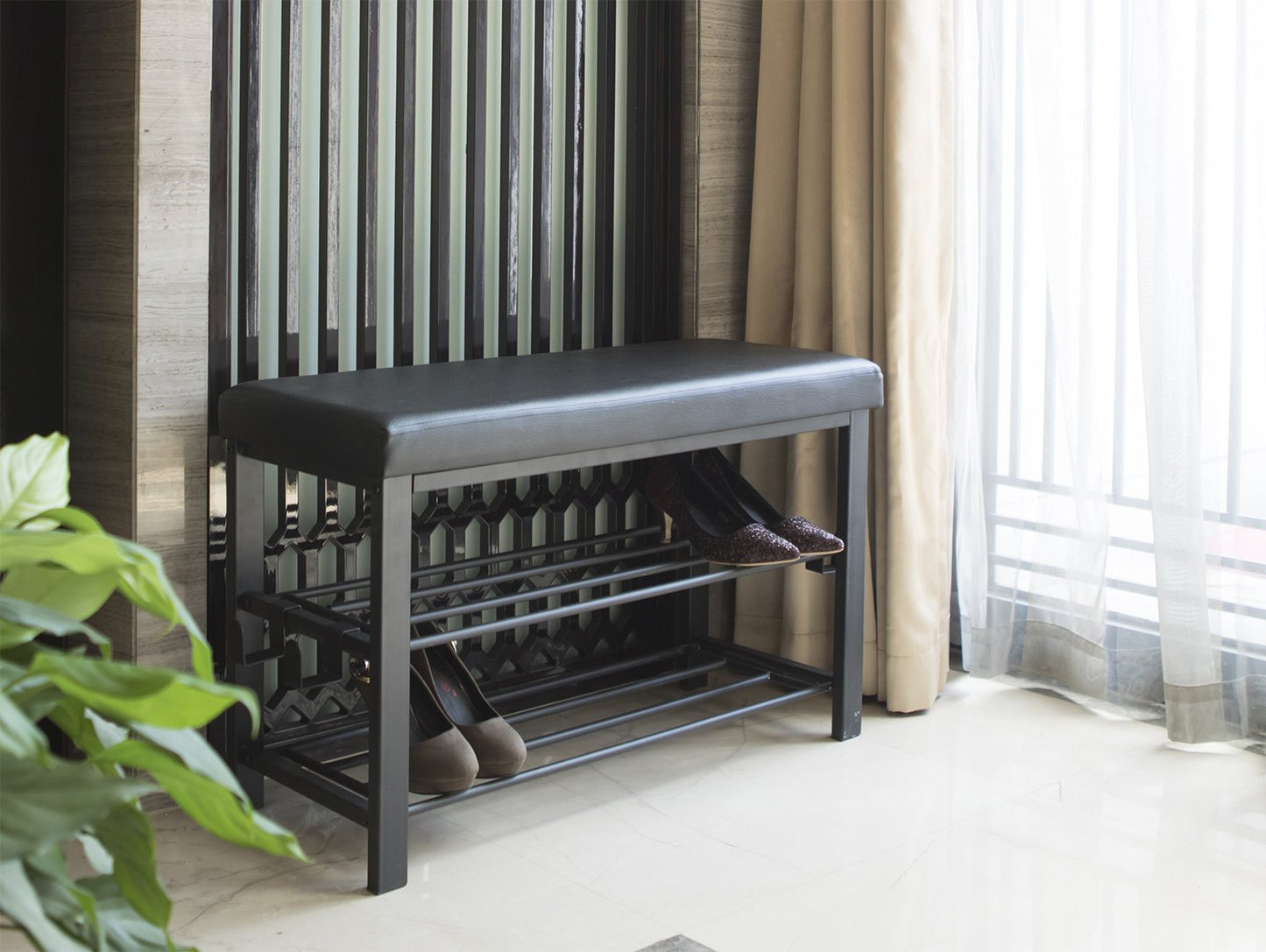 Finnhomy Entryway Shoe Rack with Cushioned Seat, Shoe Bench for Entry, 2 Shelves Storage Bench w/Faux Leather Top Bed Bench, Black