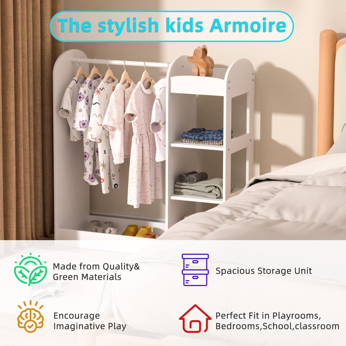 Glaf Kids Dress up Storage with Full Length Mirror, Kid Wardrobe Closet with 3-Tier Shelve, Clothes Rack and Bottom Tray, Opening Hanging Kids Armoire Baby Closet for Nursery & Kids Room (White)