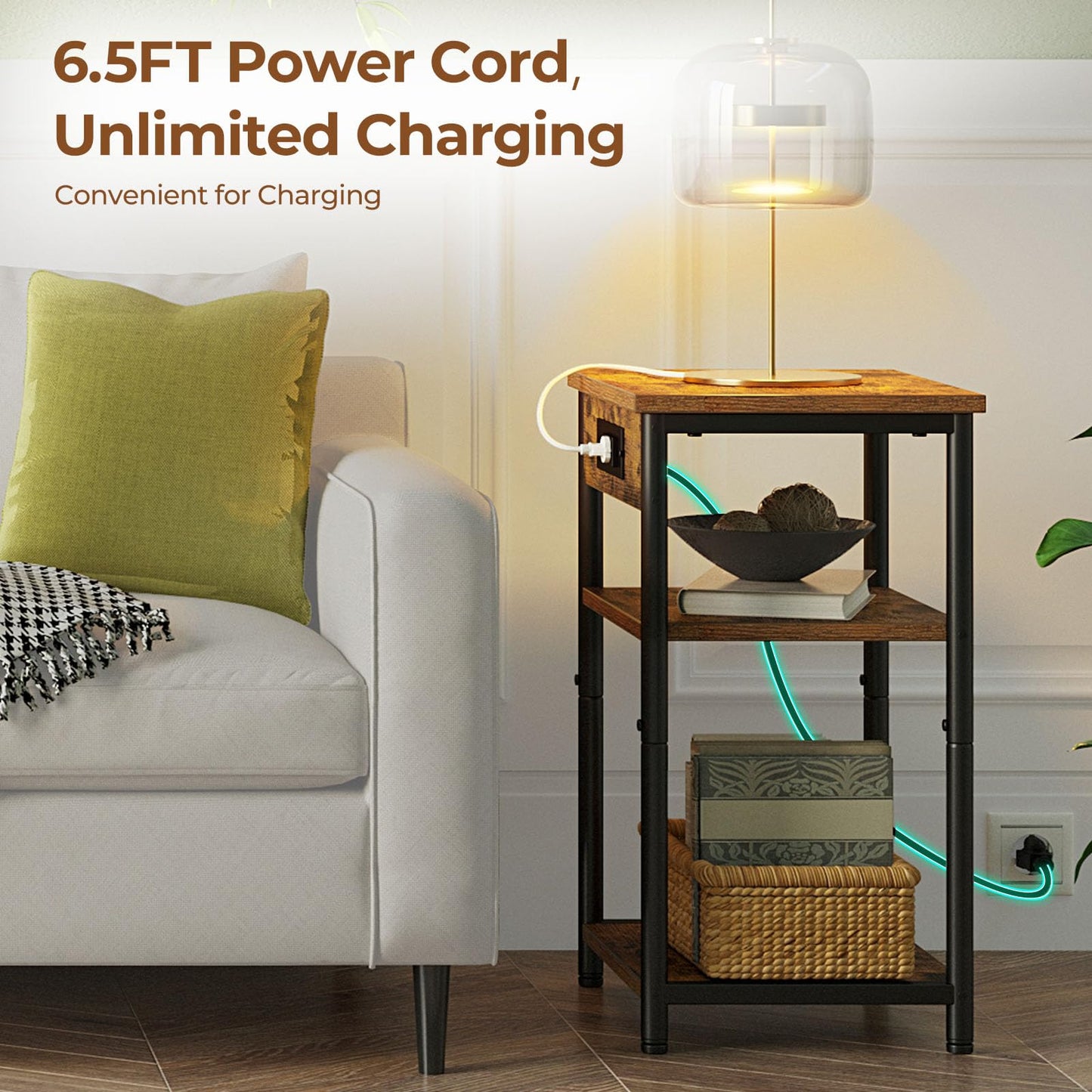 Rolanstar End Table with Charging Station, Night Stand with 3 Storage Shelves, Small Side Table for Small Space, Narrow Bedside Table for Living Room, Bedroom, Rustic Brown, Set of 2