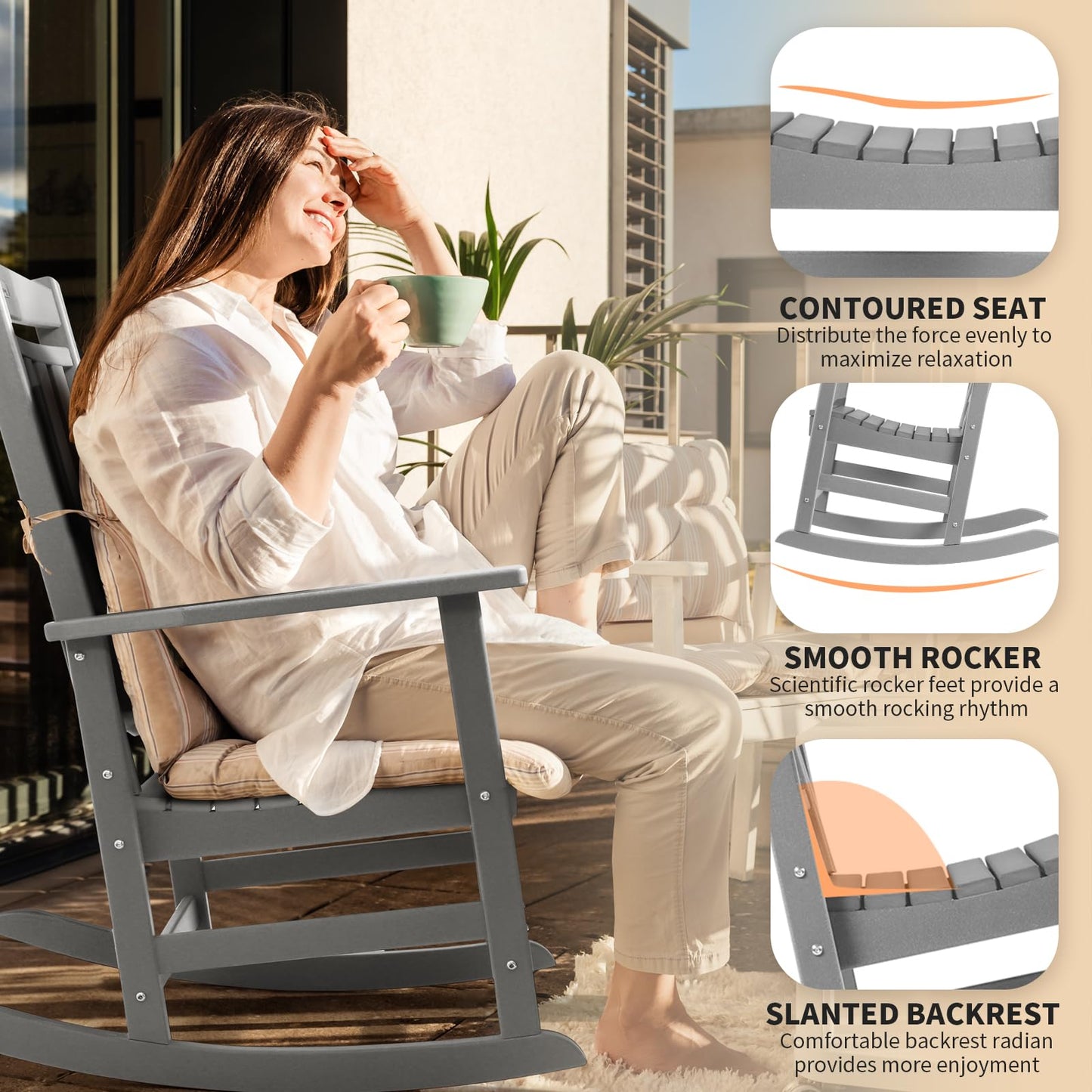 FUNBERRY Outdoor Rocking Chairs, HDPE All Weather Poly Lumber Rocker, High Back Patio Rockers Easy Assembly
