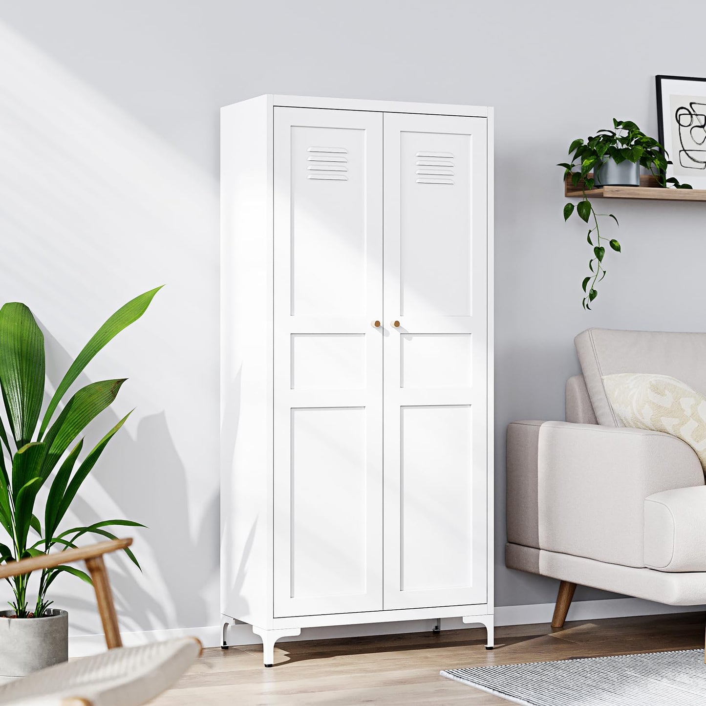Yizosh Metal Storage Cabinet with 2 Doors and 4 Adjustable Shelves - 61" White Kitchen Pantry Storage 5-Tier Tall Steel Cabinets Locker for Kitchen, Living Room, Dining Room