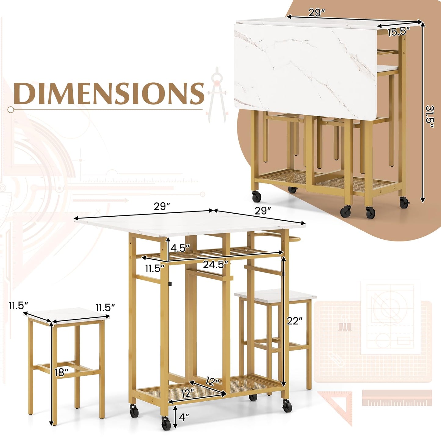 NAFORT 3-Piece Folding Dining Table Set, Mobile Drop-Leaf Kitchen Table with 2 Stools, 6-Bottle Wine Rack, Shelves, Push Handle and Lockable Wheels, Compact Space Saver Set for Apartments