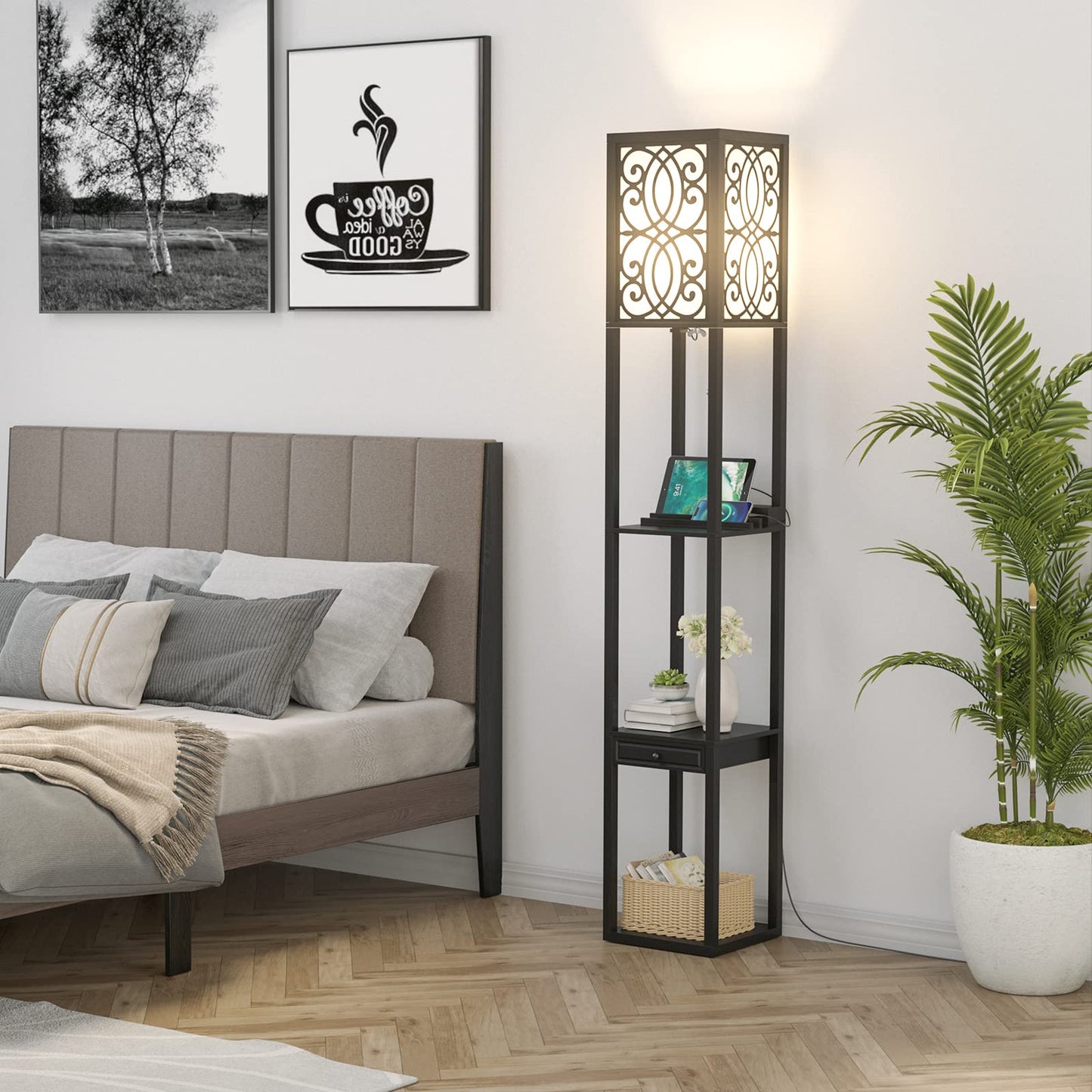Carved Floor Lamp with 3 Shelves, Tall Standing Light for Bedroom & Living Room, 2 USB Charging Ports Drawer Storage, Stylish Wooden Reading Home Office