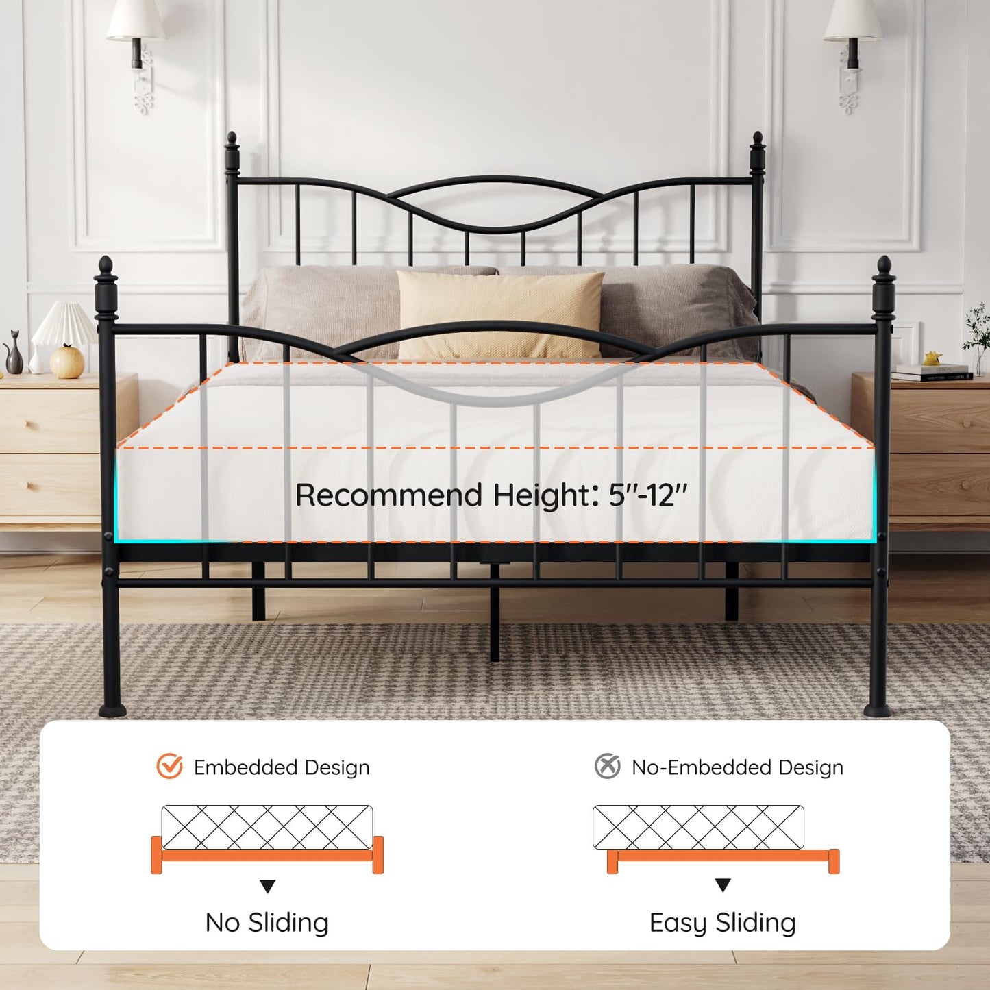 Florise Queen Size Bed Frame with Headboard,14 Inch Tall Metal Platform Bed Frame Mattress Foundation with Footboard, Under Bed Storage, Strong Metal Slats Support, No Box Spring Needed, Black