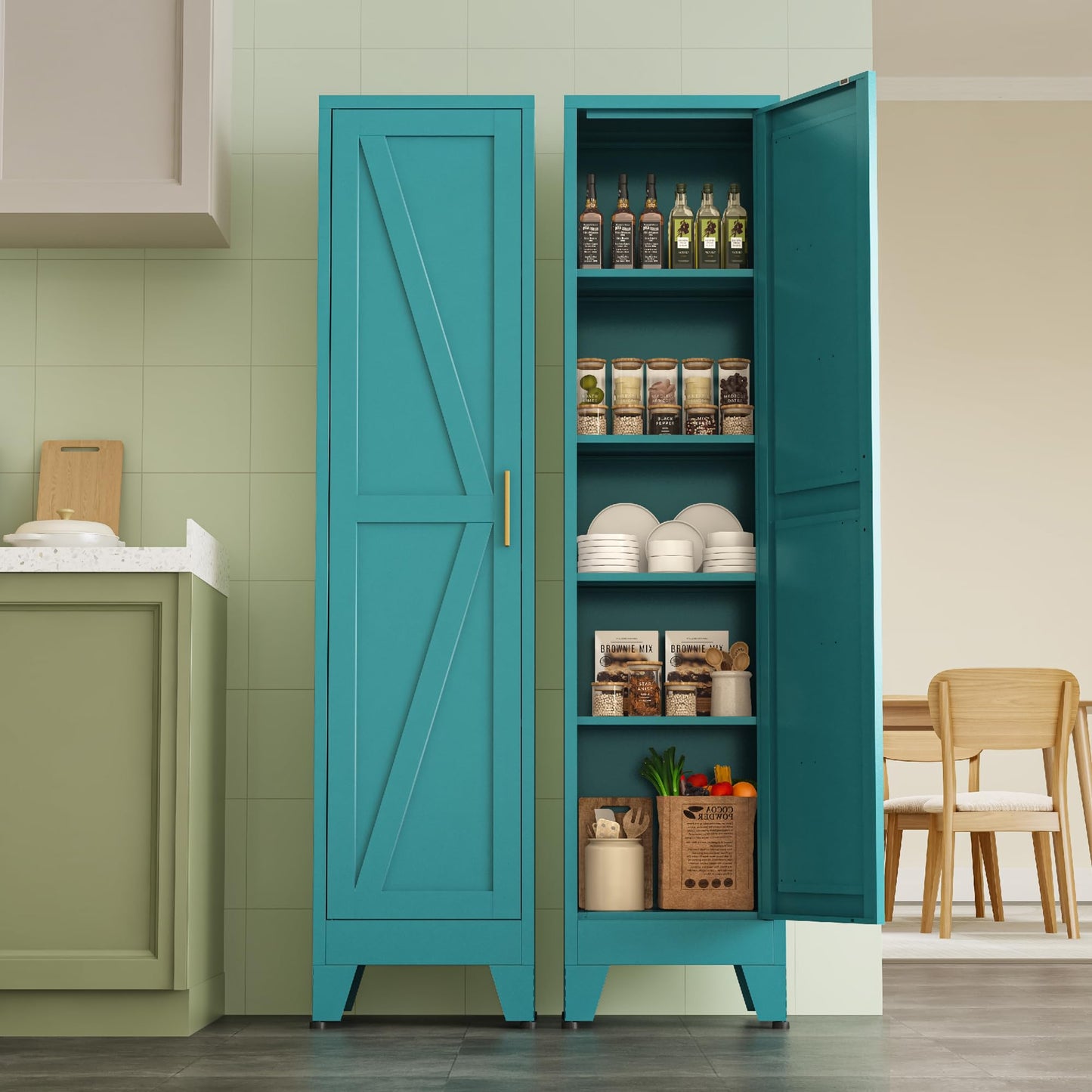 Narrow Bathroom Cabinet, Metal Storage Cabinet with 4 Adjustable Shelves and 2 Barn Doors,Tall Kitchen Pantry for Living Room, Home Office, Dining Room,Blue