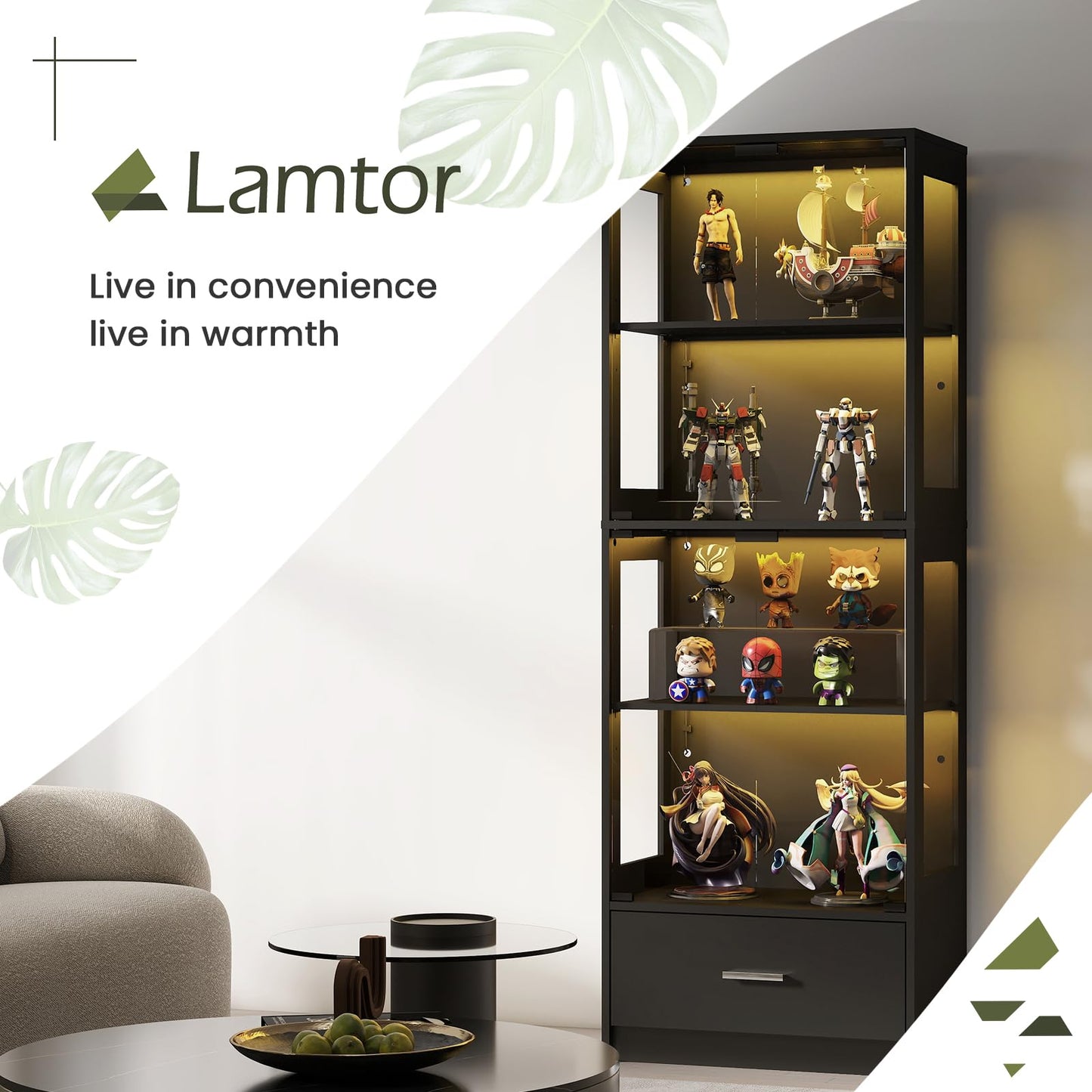 Lamtor Display Cabinet with Glass Doors - 67" Curio Cabinet with RGB LED Lights and Drawer for Collectibles, 4 Tier Glass Display Case for Living Room, Office, Black(Narrow)