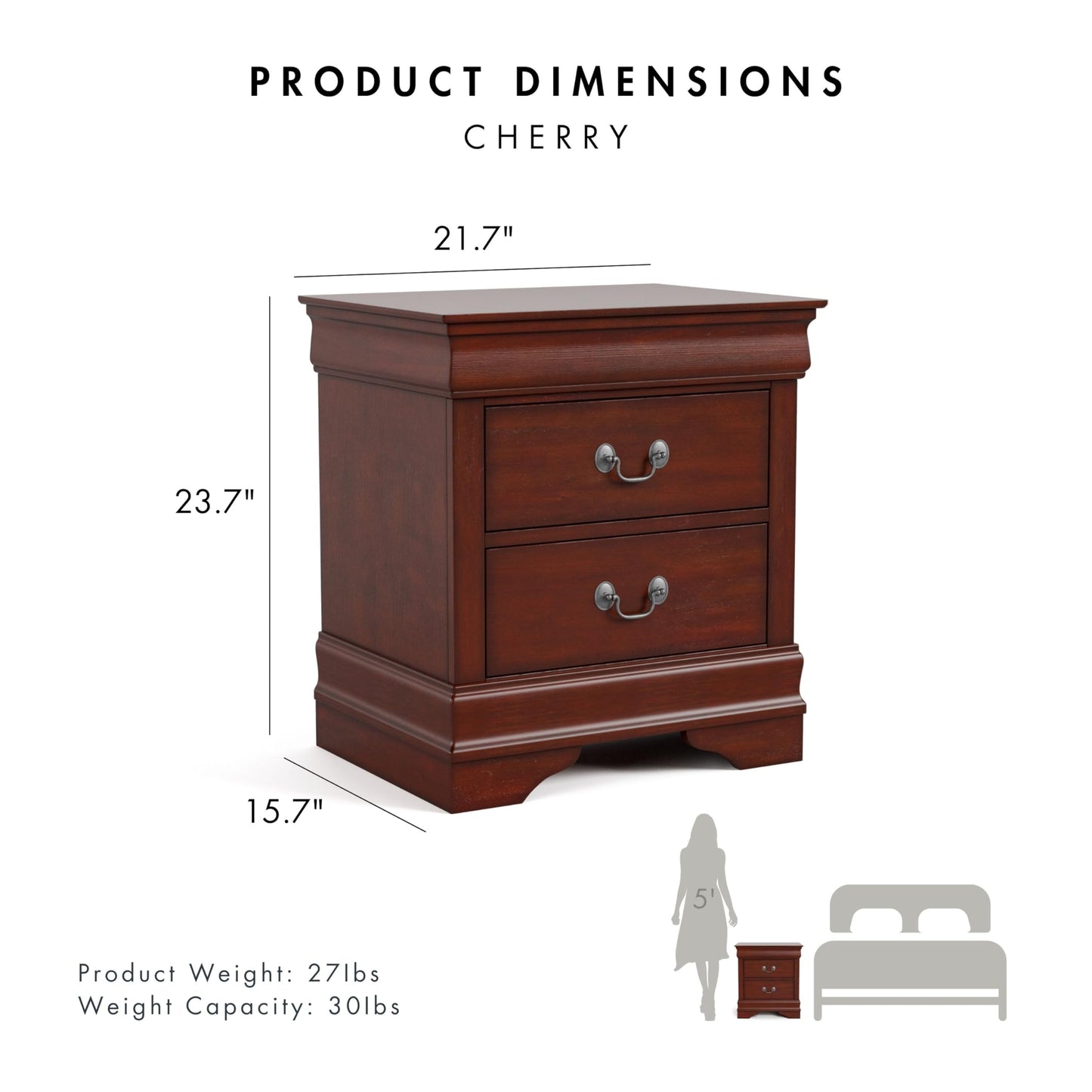 Furniture of America Arabella Traditional Solid Wood Nightstands Set of 2, Bedside Table with Drawers and Antique Nickle Handles, No Assembly Wooden Night Stands for Bedrooms, Guest Room, Dorm, Cherry