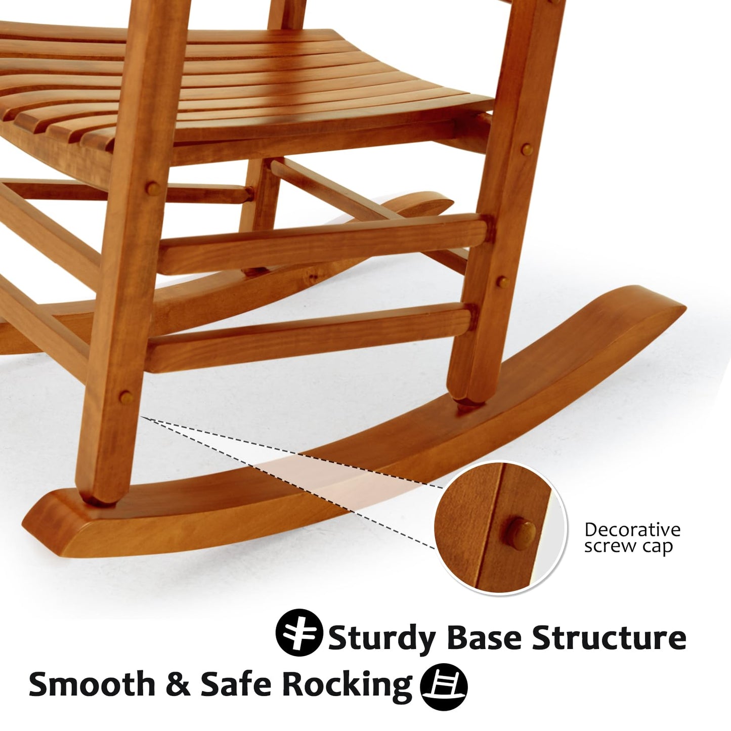 Hupmad Wooden Oversized Porch Rocker Chair with High Back and Armrest, All Weather Slatted Rocker for Backyard, Garden, 400 lbs Support, Natural