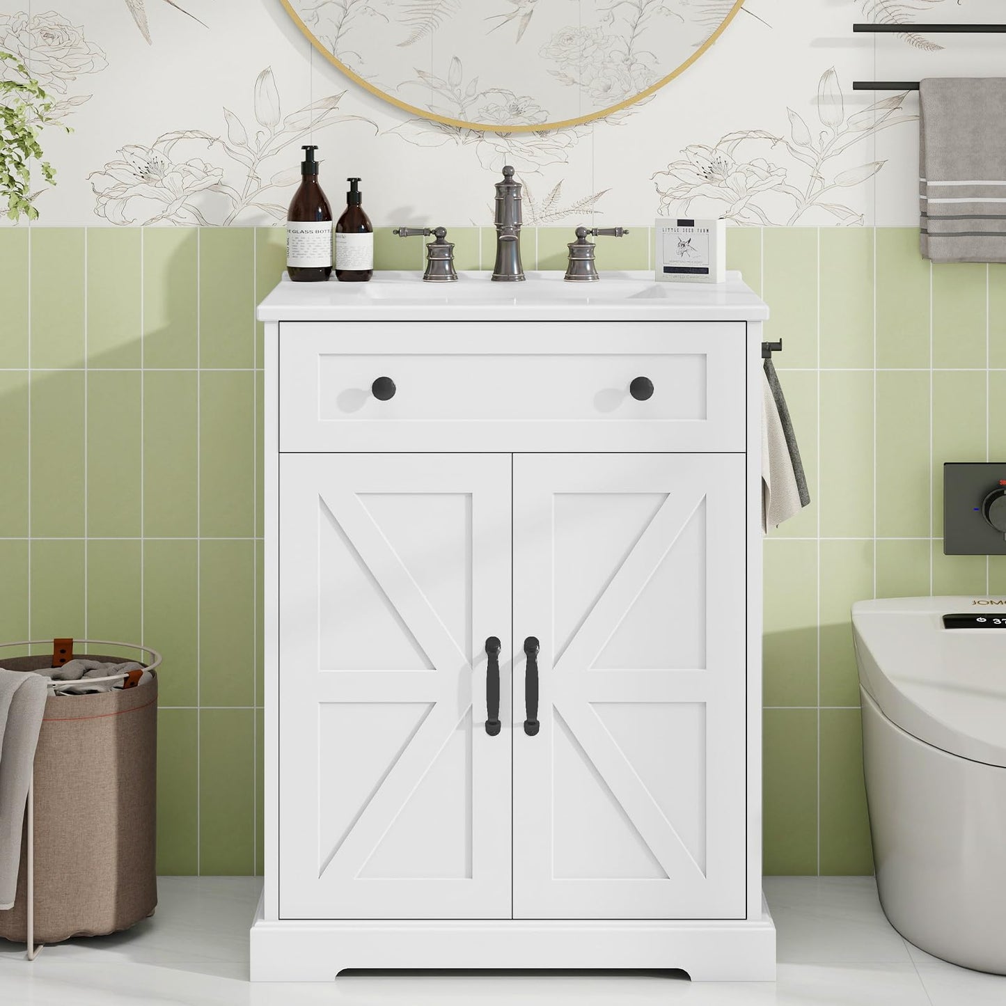Vabches Bathroom Vanity with Sink Set, Modern Bathroom Cabinet with Flip Drawer and Doors, Freestanding Storage Cabinet with Shelf, Vintage Vanity with Ceramic Sink, White