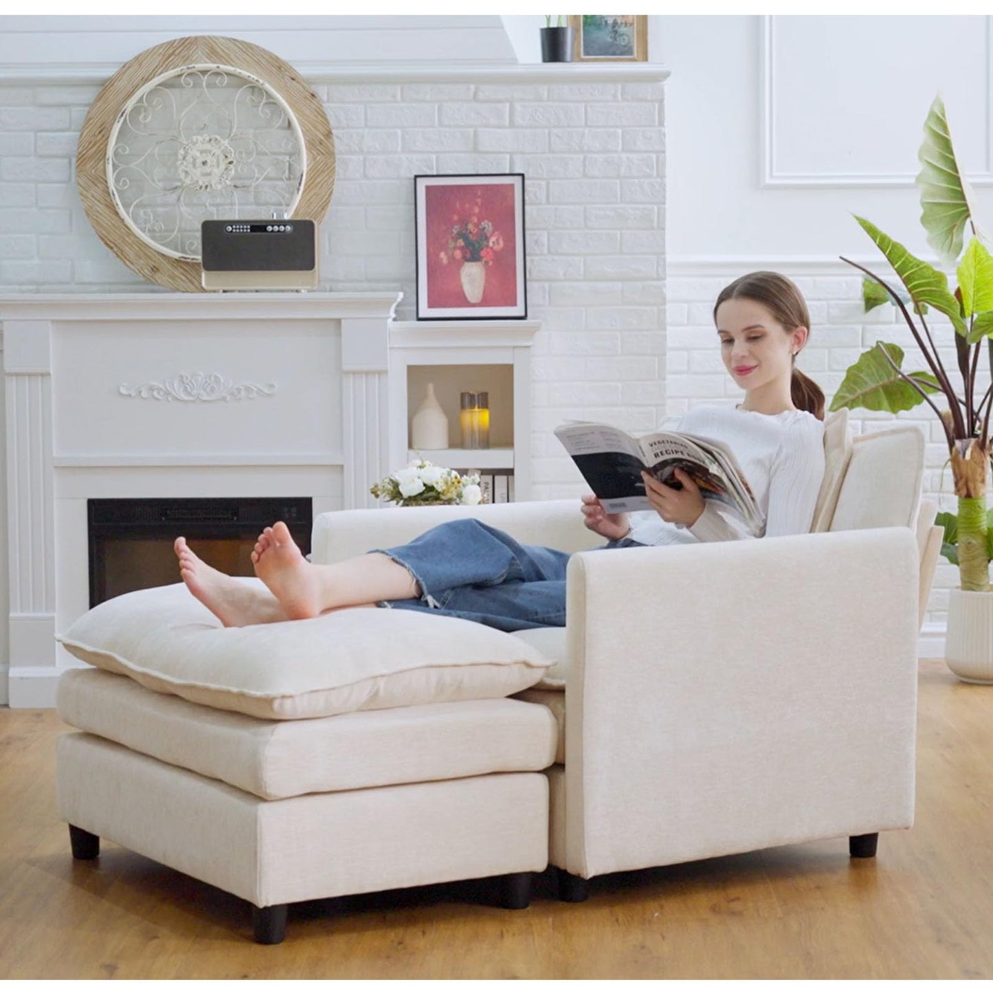 Oversized Accent Chair with Ottoman, Beige Chenille Modern Cloud Chaise Lounge Chair Indoor with Deep Seat, Upholstered Comfy Armchair Reading Chair for Bedroom Living Room Apartment
