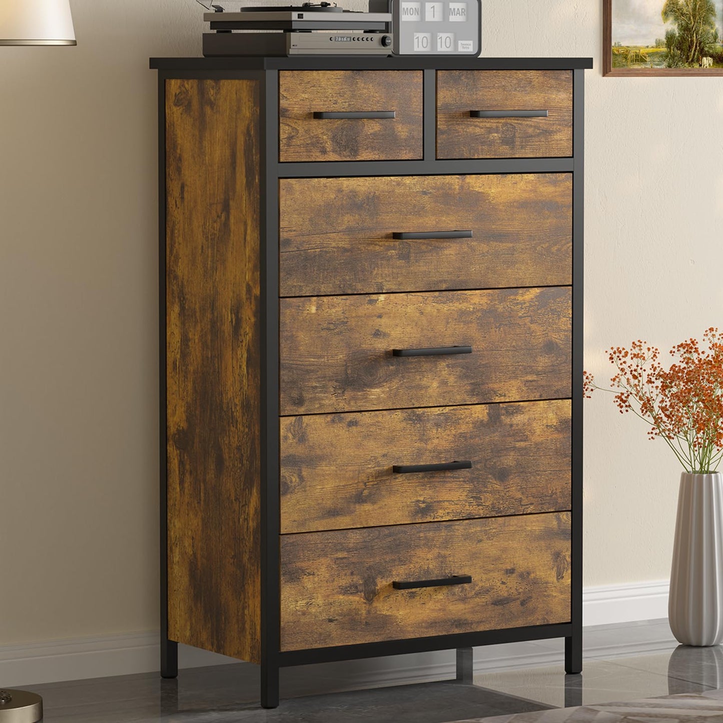 IKENO 6 Drawer Wood Dresser, Industrial Wood Storage Dresser Clothes Organizer, Sturdy Steel Frame, Storage Dresser for Bedroom