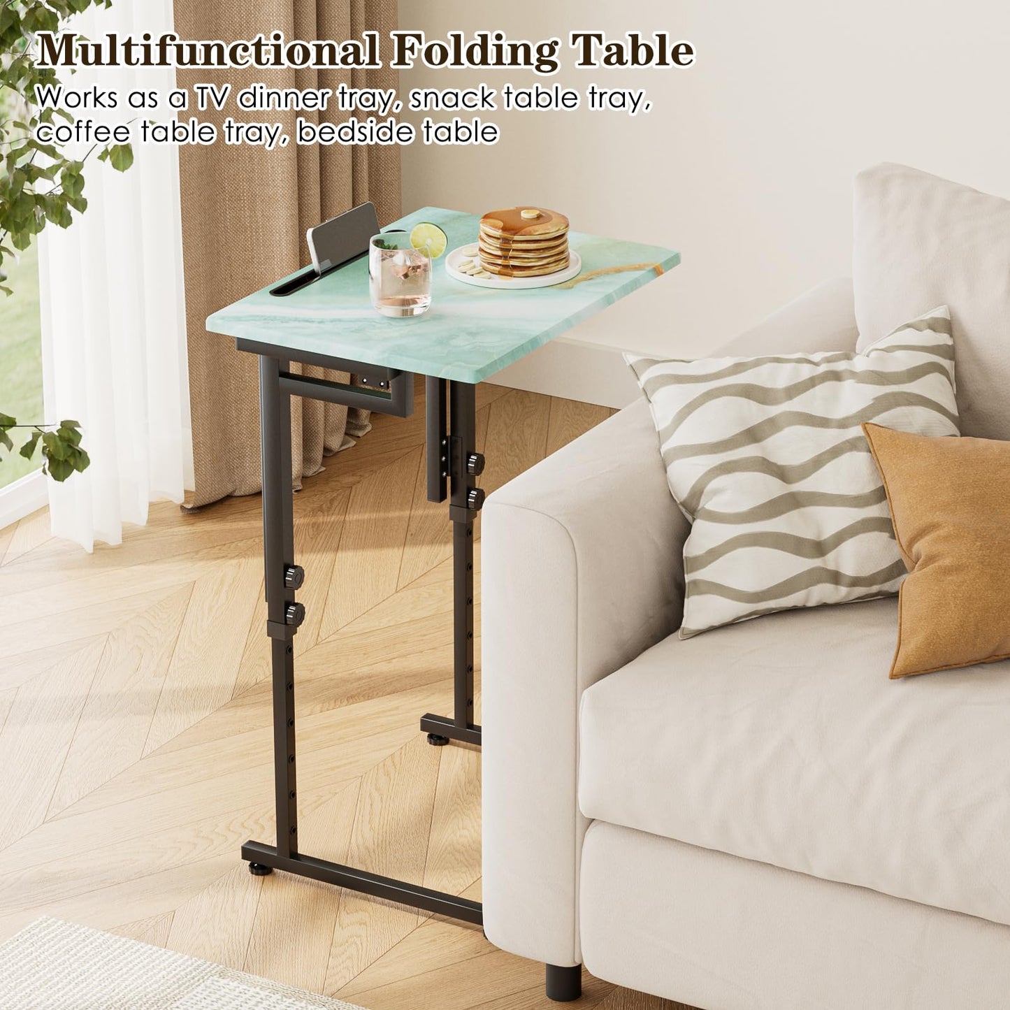 Fleecy day Folding TV Tray Table,Adjustable TV Dinner Table with Sturdy MDF Top,Eating Trays for Living Room with No Assembly Required (Sea Blue)