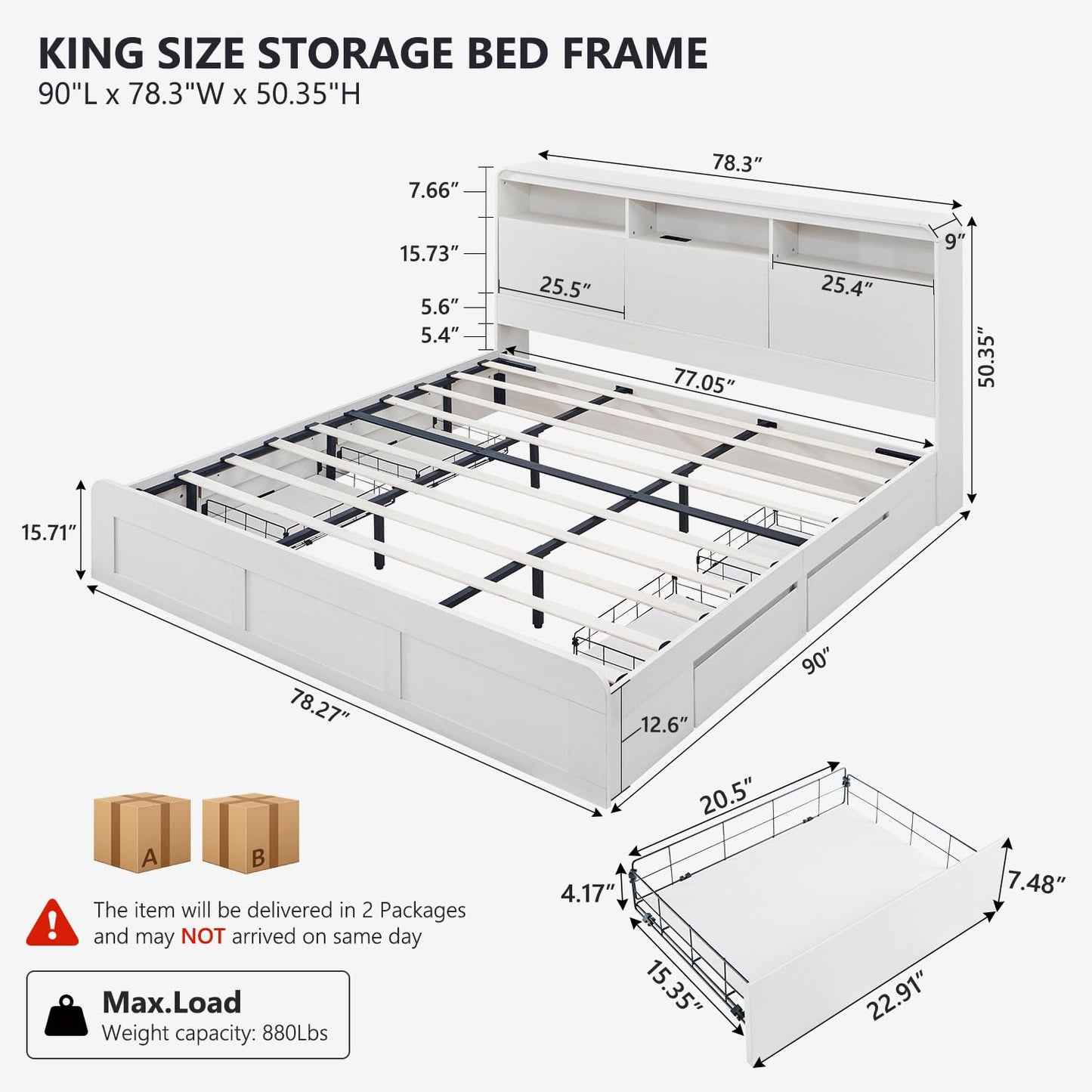 Aitjunz Modern King Size Bed Frame with 50" Tall Storage Headboard, Wood King Size Platform Bed Frame w/4 Drawers, Curved Profile Design, LED Light,Charging Station,No Box Spring Needed,Antique White