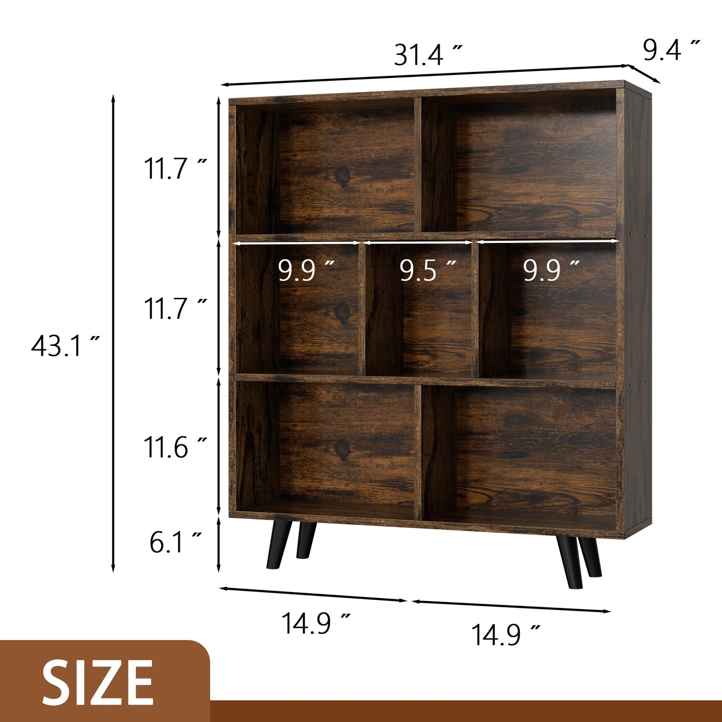 Shintenchi Cube Storage Organizer, 3 Tier Mid-Century Bookcase with Legs Cubeicals Retro Wood Organizer Storage Bookcase, Freestanding Open Book Shelves for Bedroom,Living Room,Office(Brown)