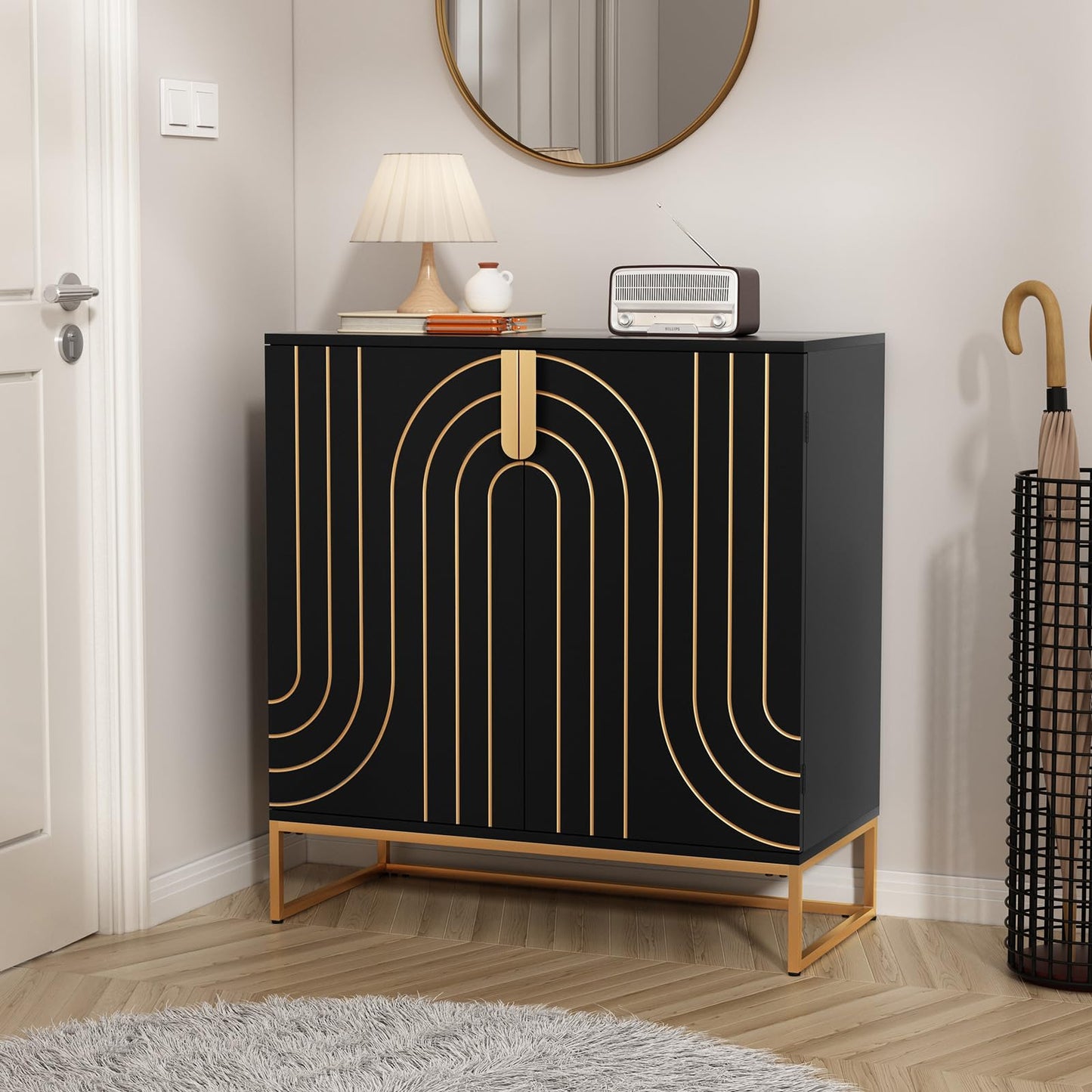 HLR Accent Wood Grain Cabinet with 2 Doors, Storage Cabinet Sideboard with Gold Metal Legs for Living Room,Entryway and Kitchen Dining Room,Black