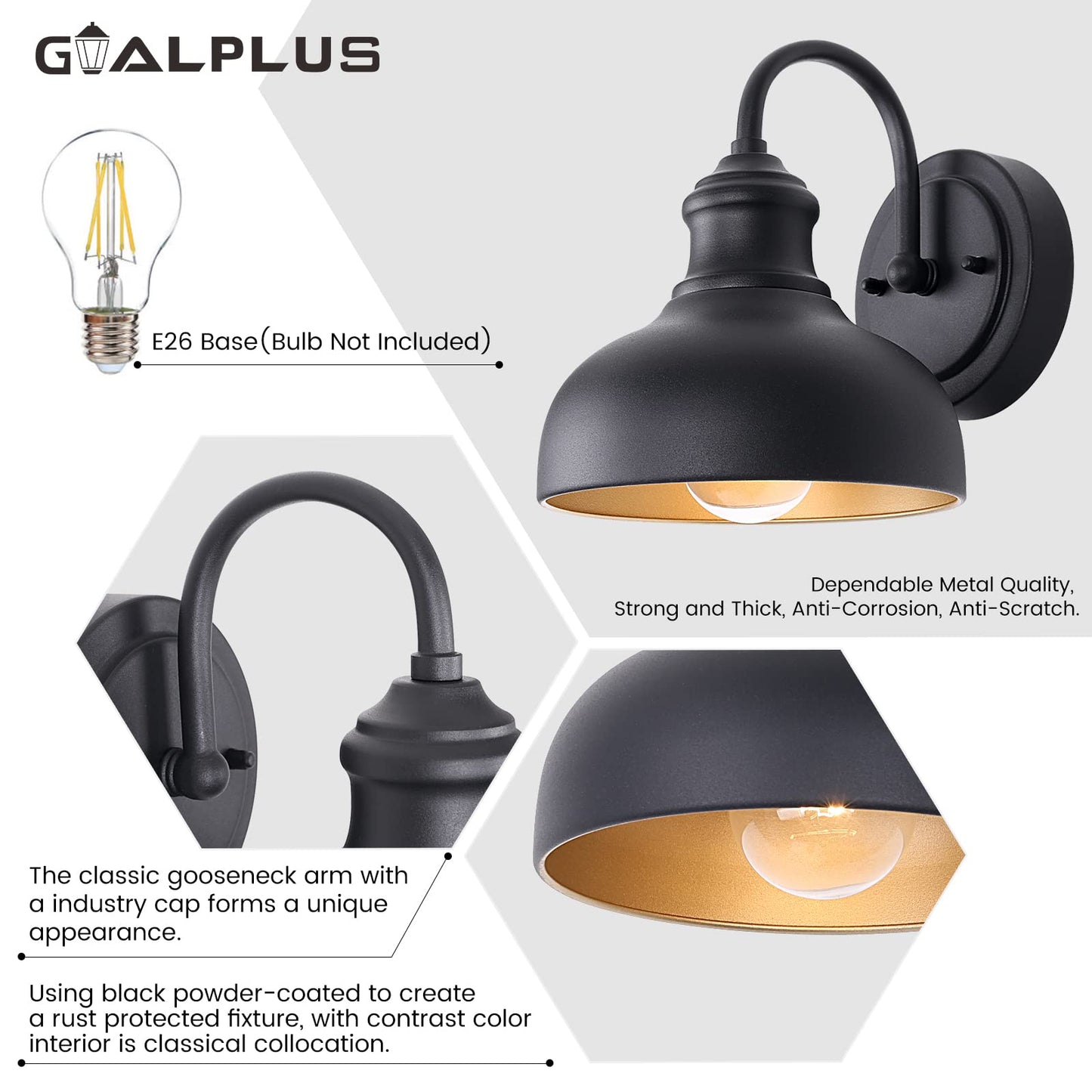 GOALPLUS Black Outdoor Gooseneck Lighting for Barn 7 Inch Farmhouse Exterior Light Fixtures with Wall Mount, Small Porch Light with Brass Interior, Outside Gooseneck Wall Sconce for House Garage Patio