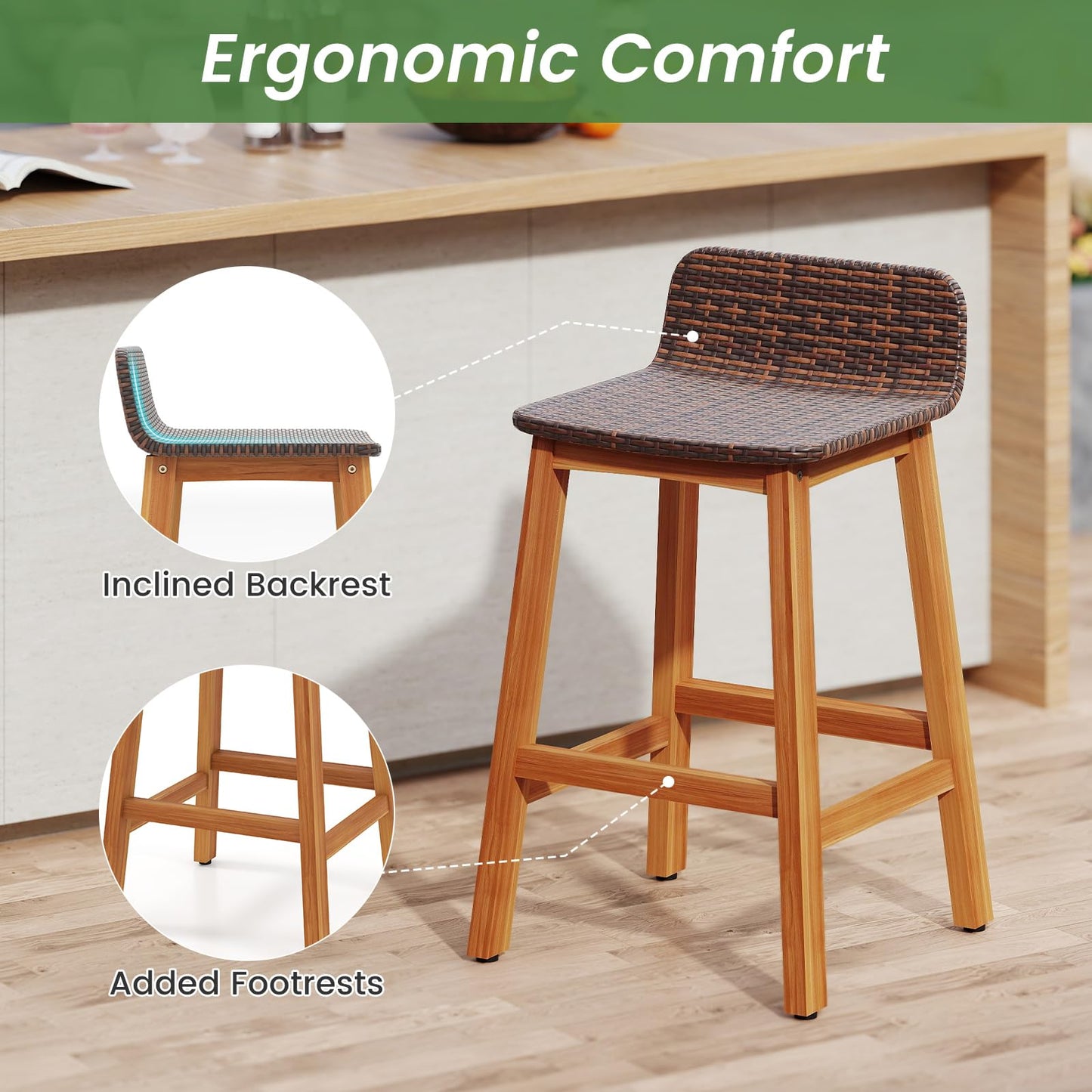 Tangkula Solid Acacia Wood Bar Stools Set of 2, Rattan Bar Height Patio Chairs with Footrests, Outdoor Seating for Porch, Balcony, Garden, Backyard (Mix Brown,1)